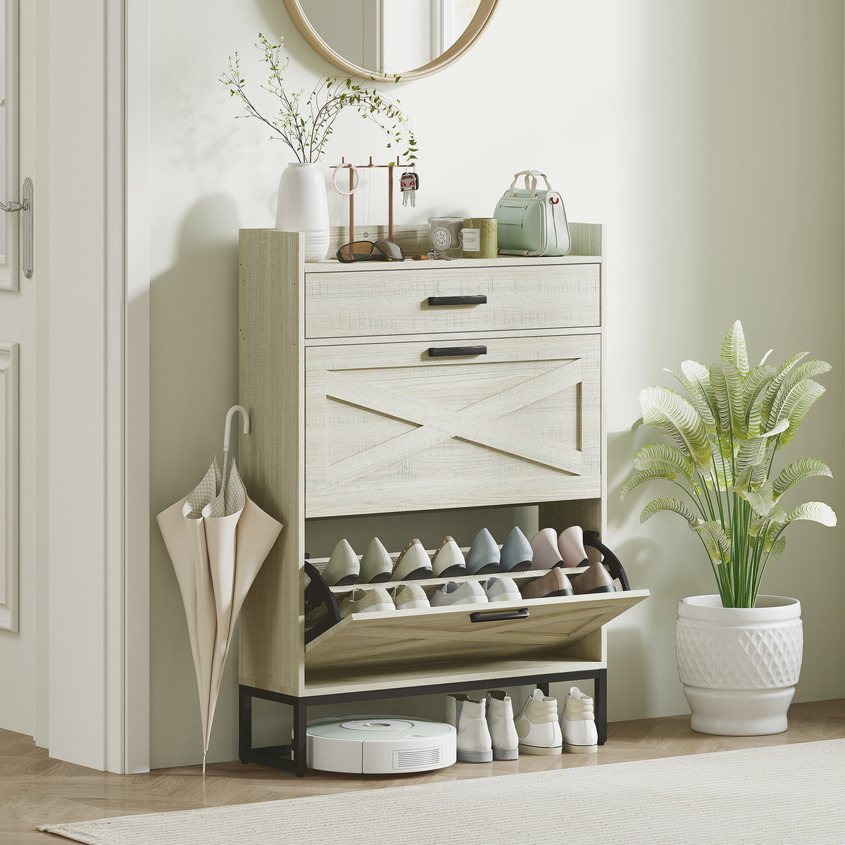 Slim Shoe Storage with 2 Flip Drawers and Adjustable Shelves – 32"W x 45"H