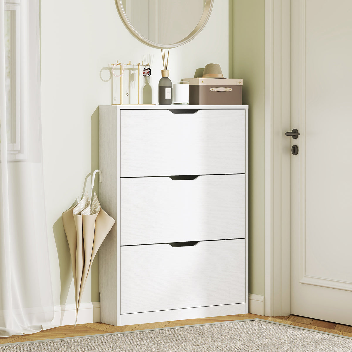 Narrow Shoe Cabinet with 3 Flip Drawers – 31"W x 43"H