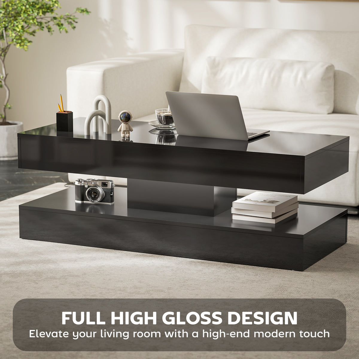 Coffee Table with Adjustable RGB LED Lights, 2 Drawers, Open Shelf and Remote