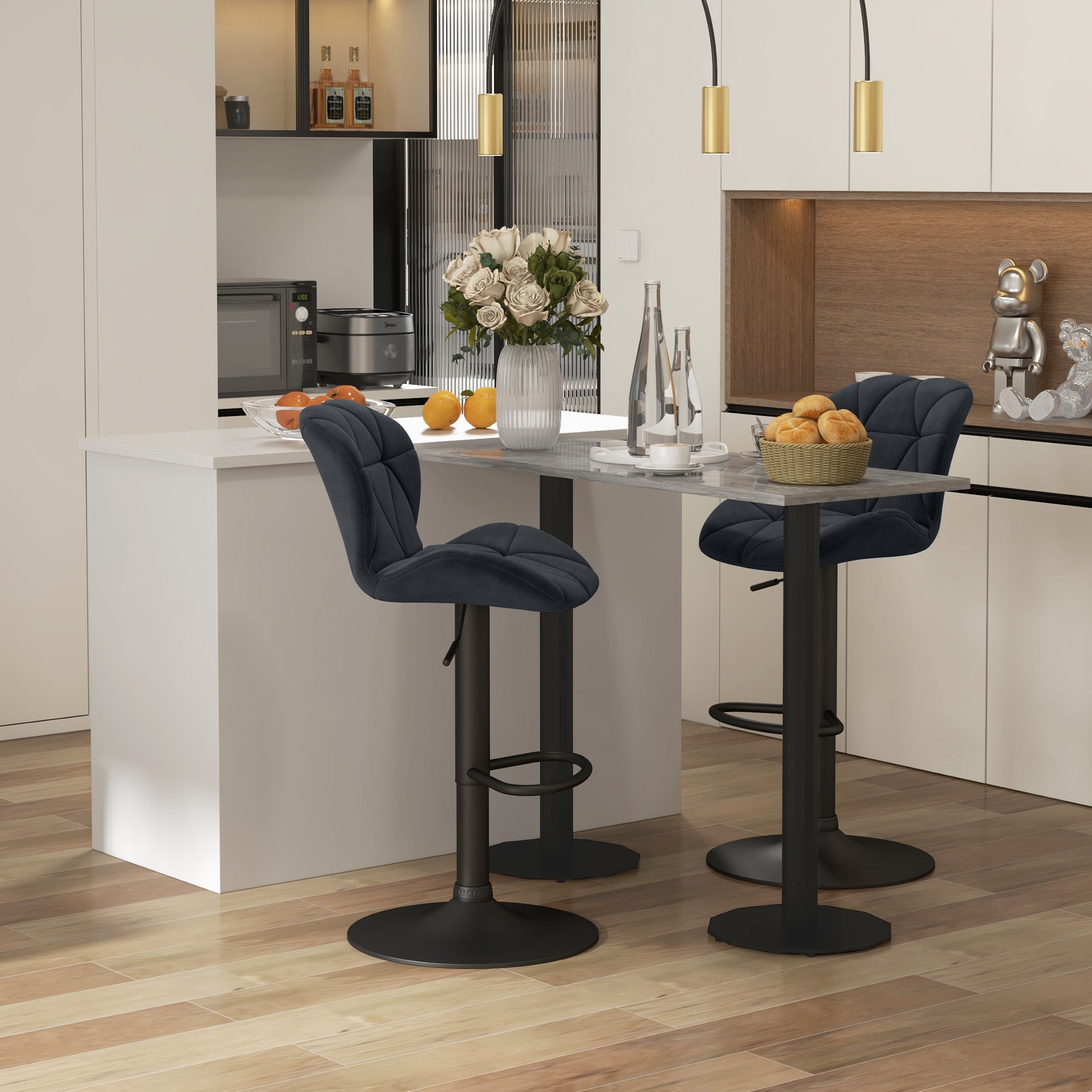 HOMCOM Black Fabric Adjustable Swivel Bar Stools Set of 2 with Armless Upholstery