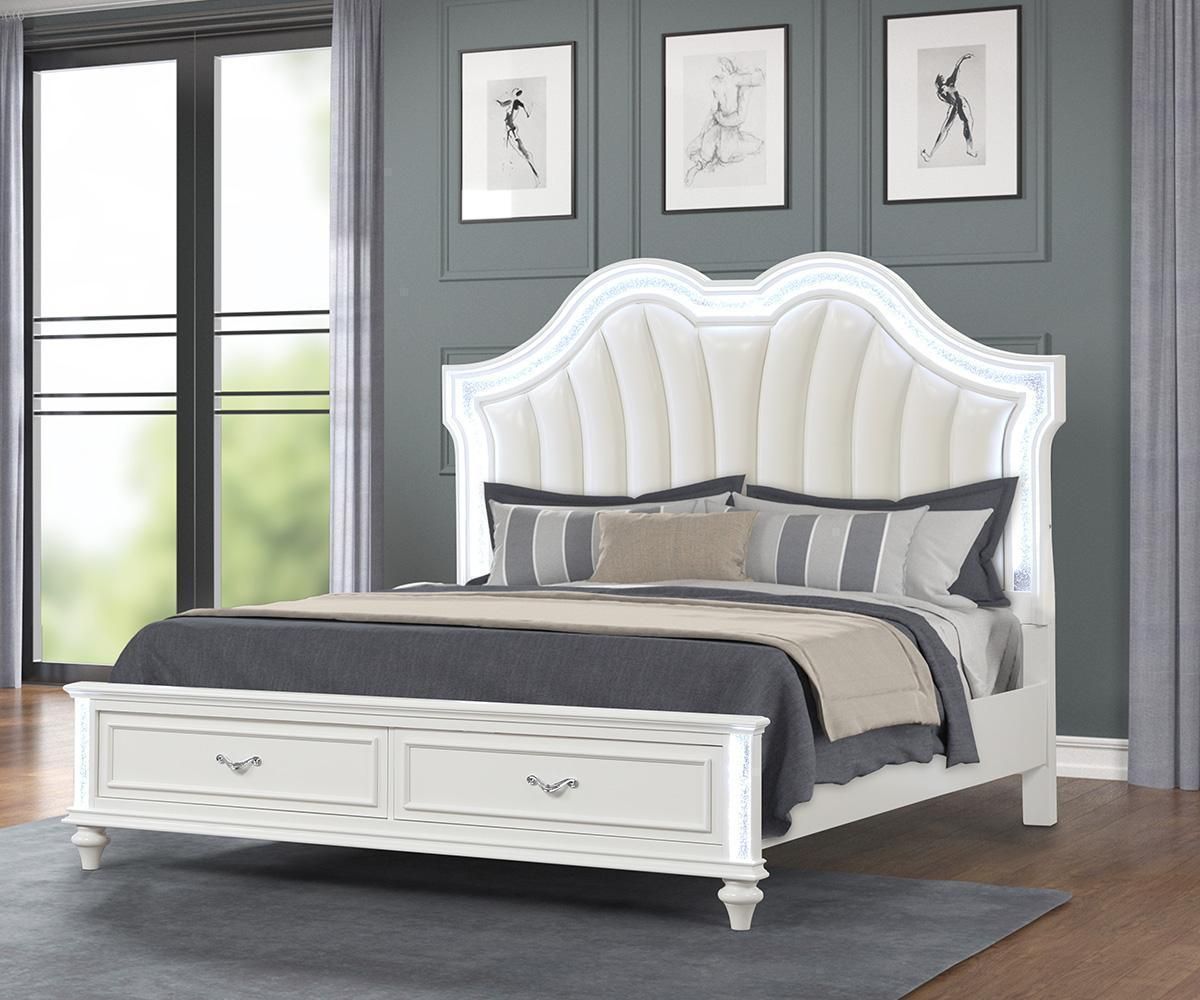 Marigold White Finish Queen Bed with Padded Headboard and Storage Drawers