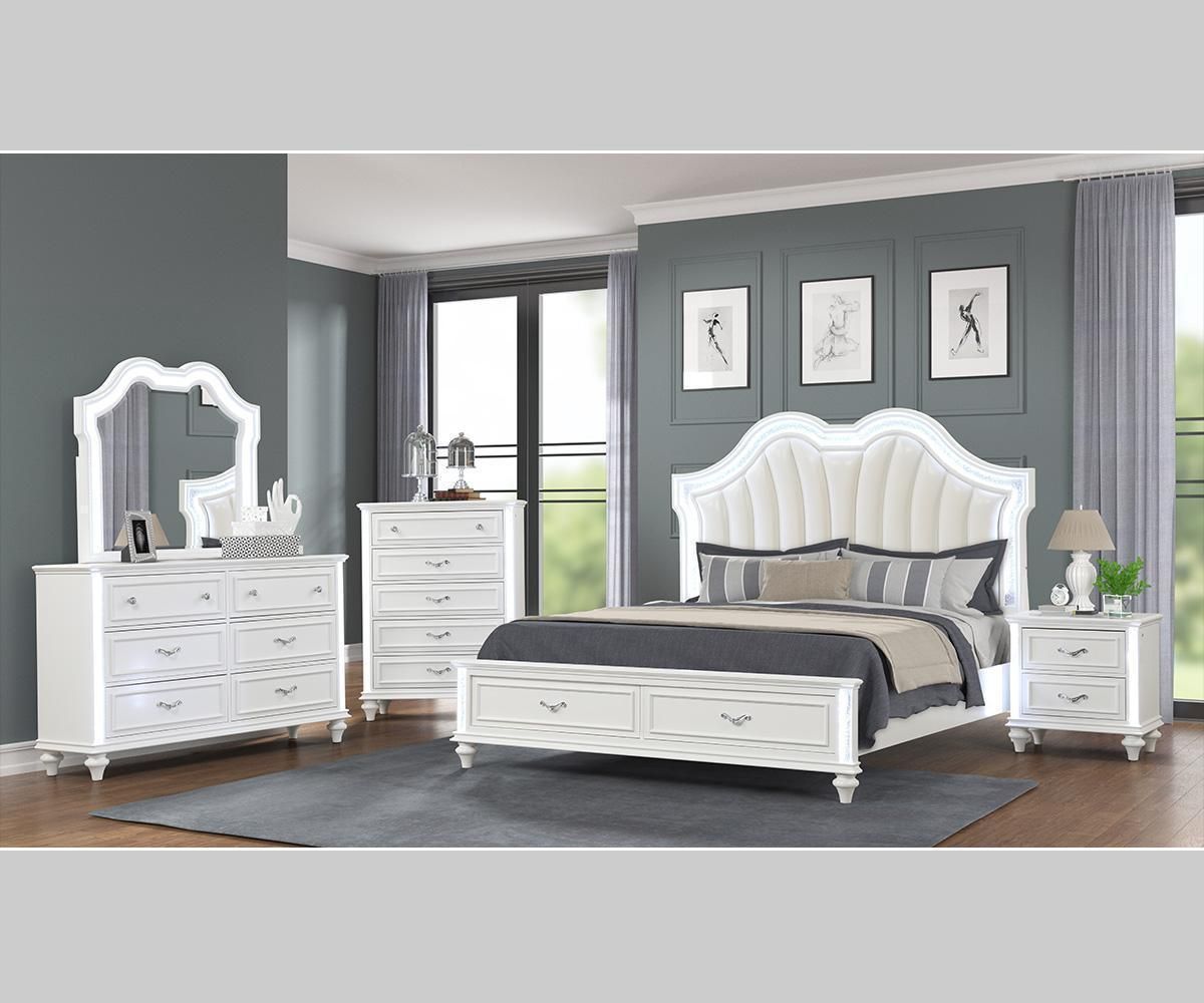 Marigold King Bed with Storage Drawers, White Finish, Padded Headboard Design