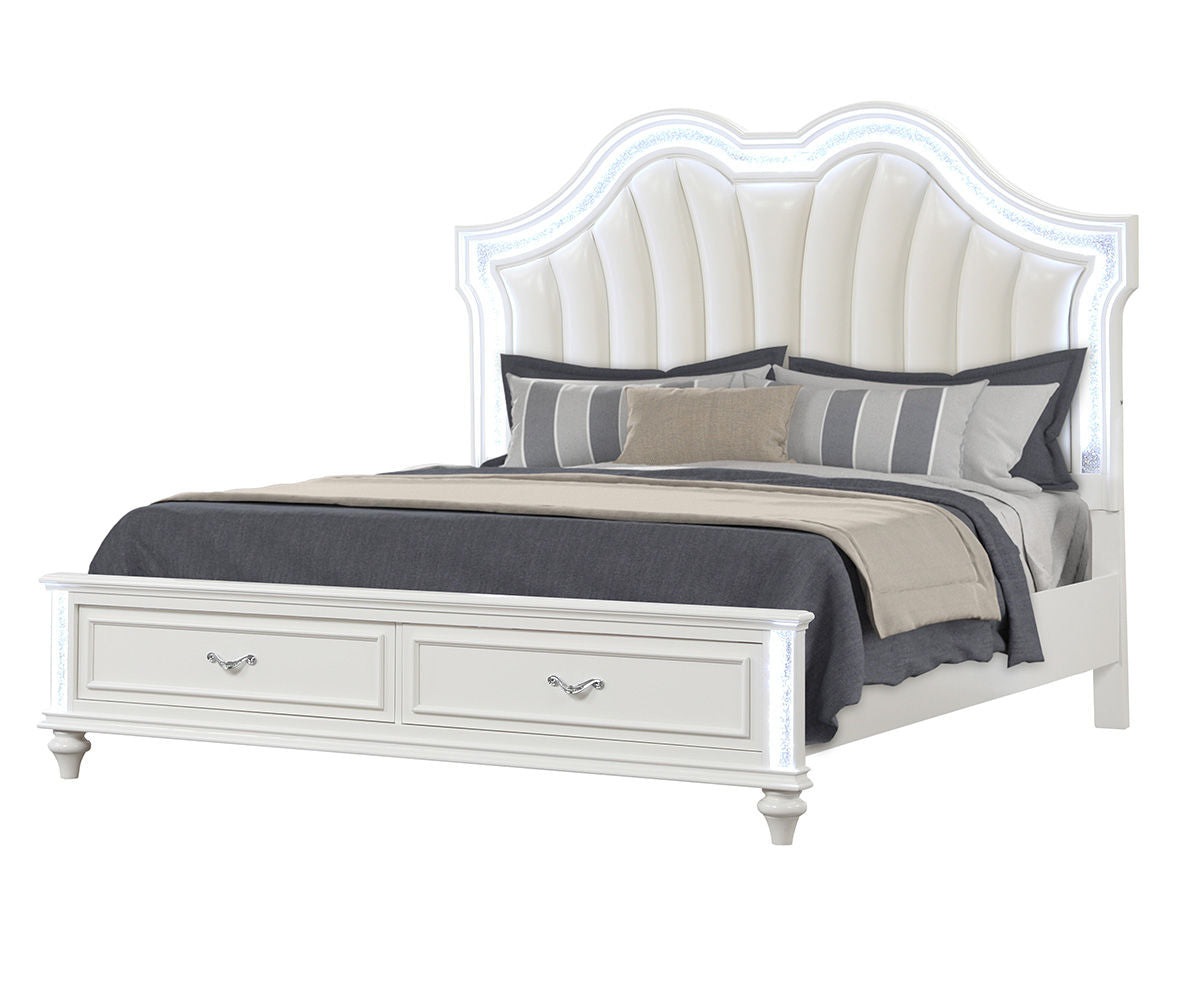 Marigold White Finish Queen Bed with Padded Headboard and Storage Drawers