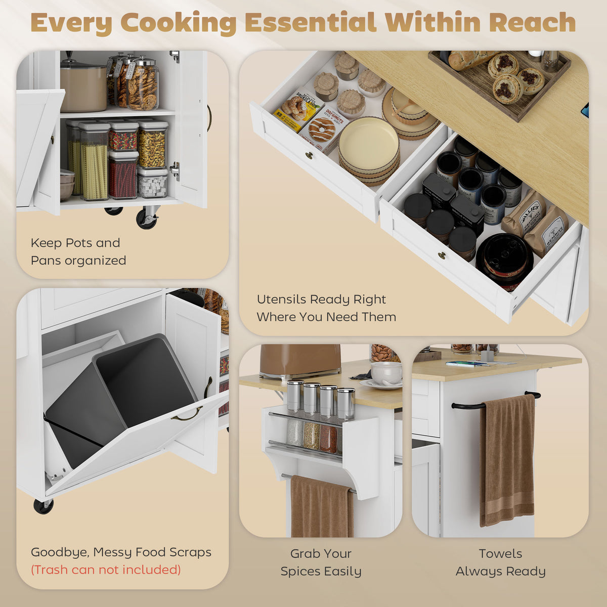 Kitchen Island Cart with Charging Station and Drop Leaf – 51"W x 35"H