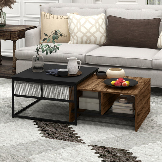 Industrial Nesting Coffee Table Set of 2 with Mesh Shelves, Rustic Brown