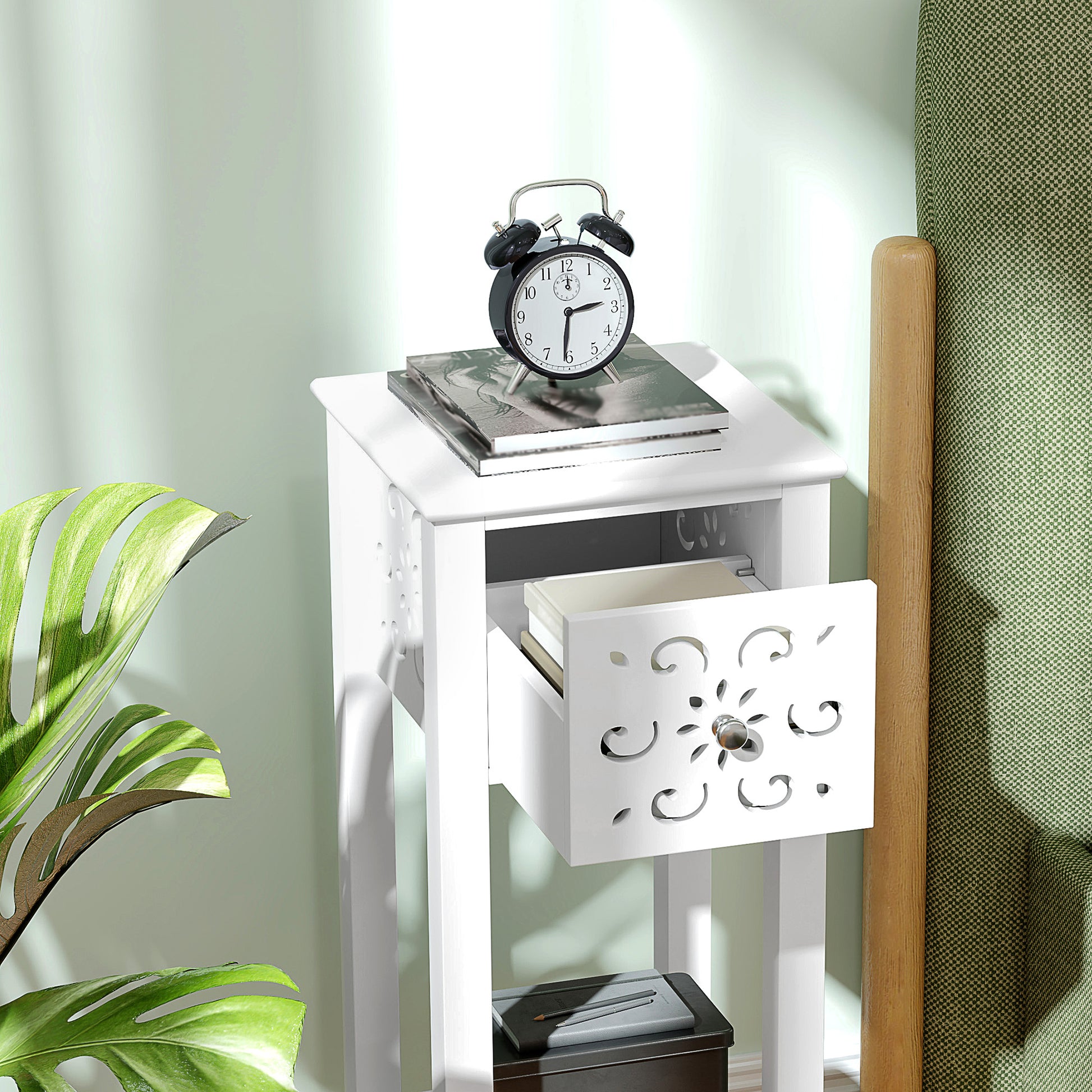 HOMCOM White Modern Nightstands Set: Drawer, Open Storage Shelf, Compact