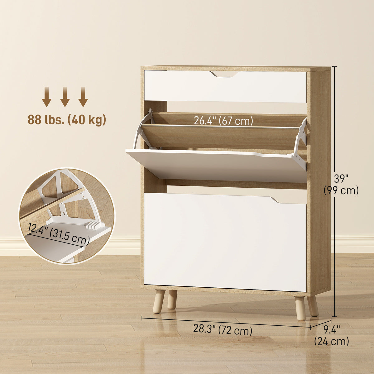 Narrow Shoe Cabinet for Entryway with 2 Flip Drawers – 28"W x 39"H