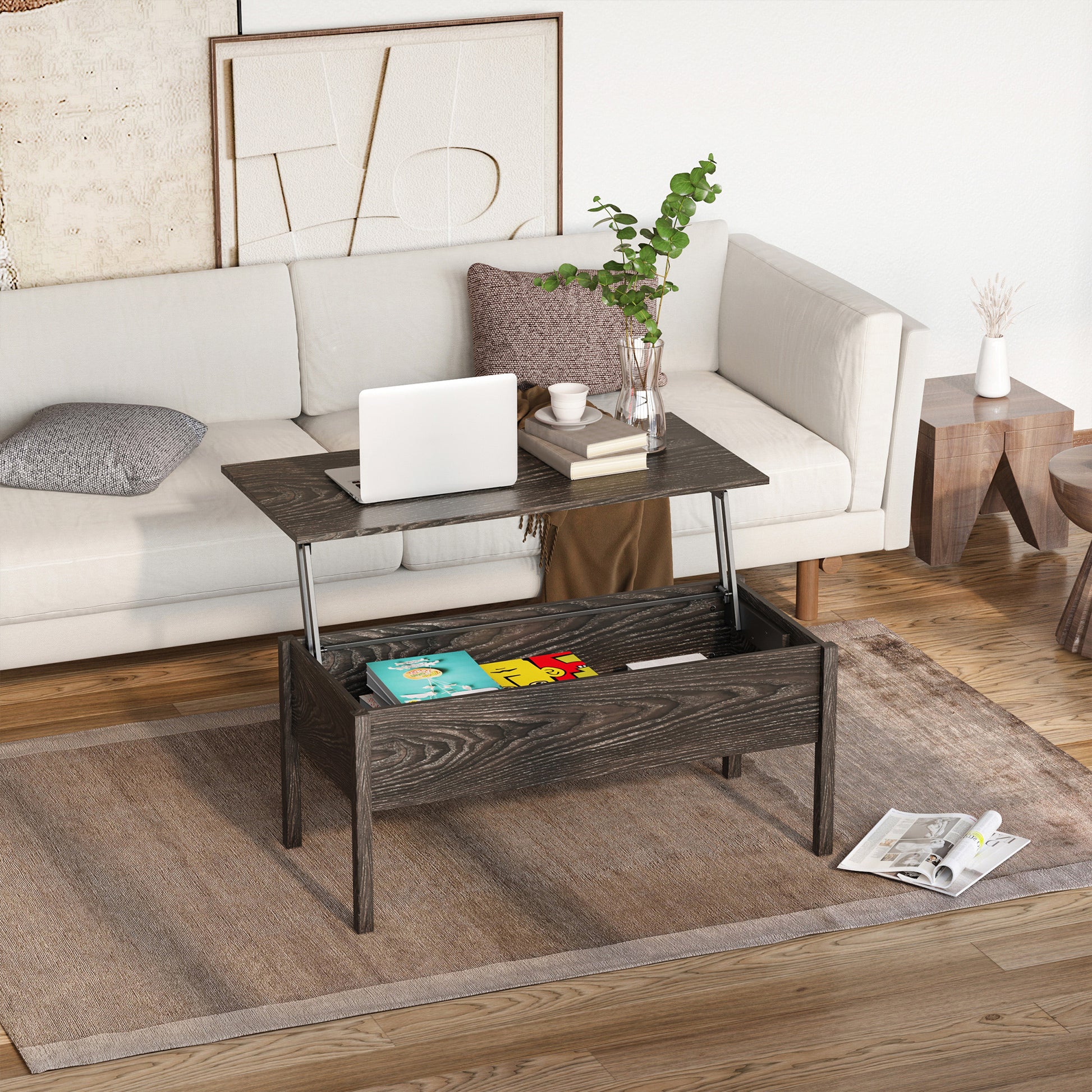 Modern Lift Top Coffee Table with Hidden Storage for Living Room, Grey
