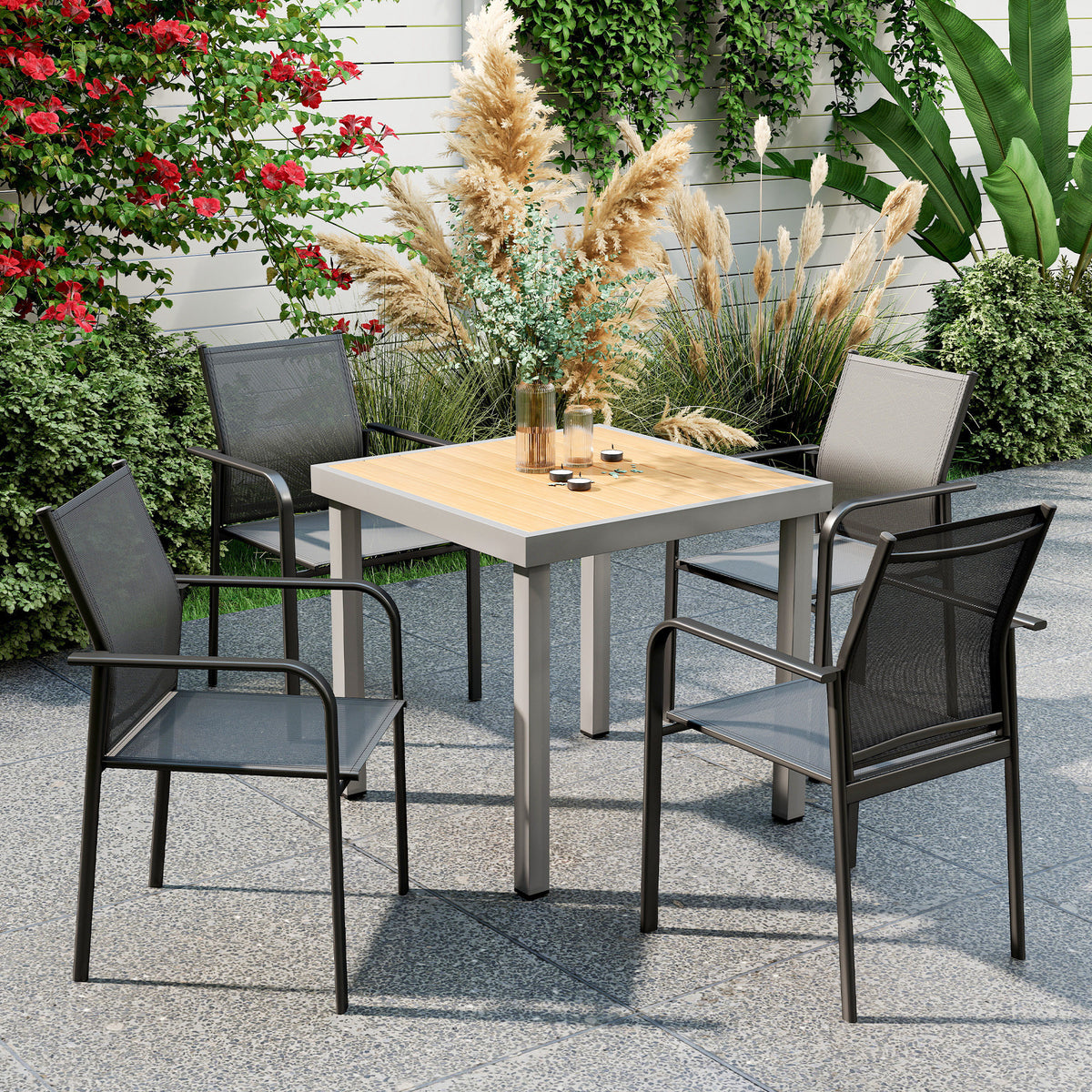 Stackable Patio Chairs Set of 4, Outdoor Dining Chairs with 20" Deep Seat, All Weather Breathable Mesh, Armrests – Black
