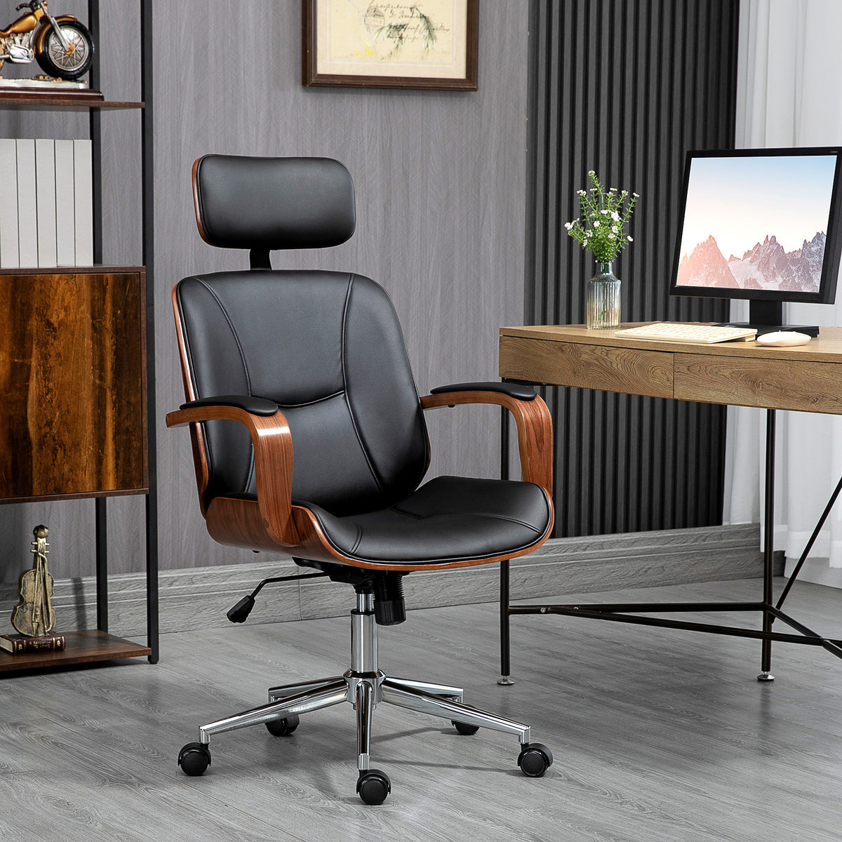 Office Chair, PU Leather Desk Chair with Removable Headrest, Adjustable Height, Black