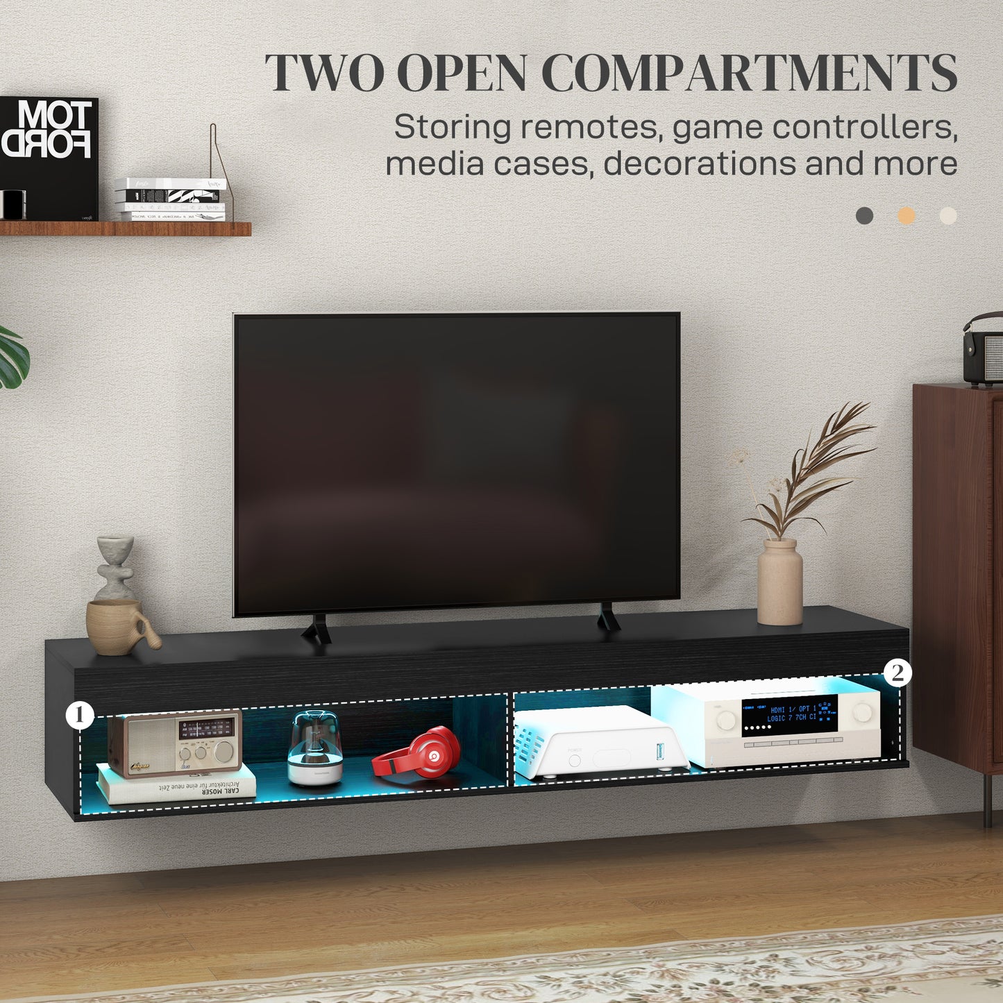 HOMCOM Modern Floating Wall Mounted TV Stand with LED Lights, Storage, Black