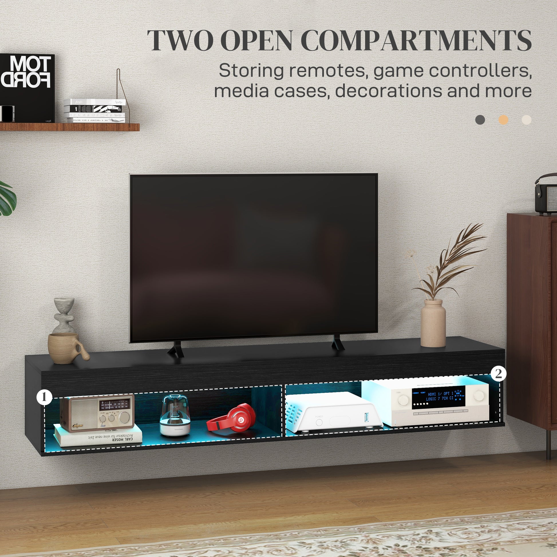 HOMCOM Modern Floating Wall Mounted TV Stand with LED Lights, Storage, Black