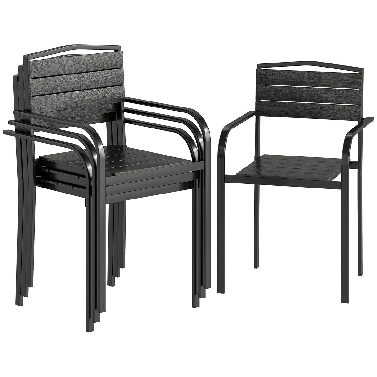 Stackable Patio Chairs Set of 4, Outdoor Dining Chairs with Slatted HDPE Seat, Armrests for Garden, Backyard