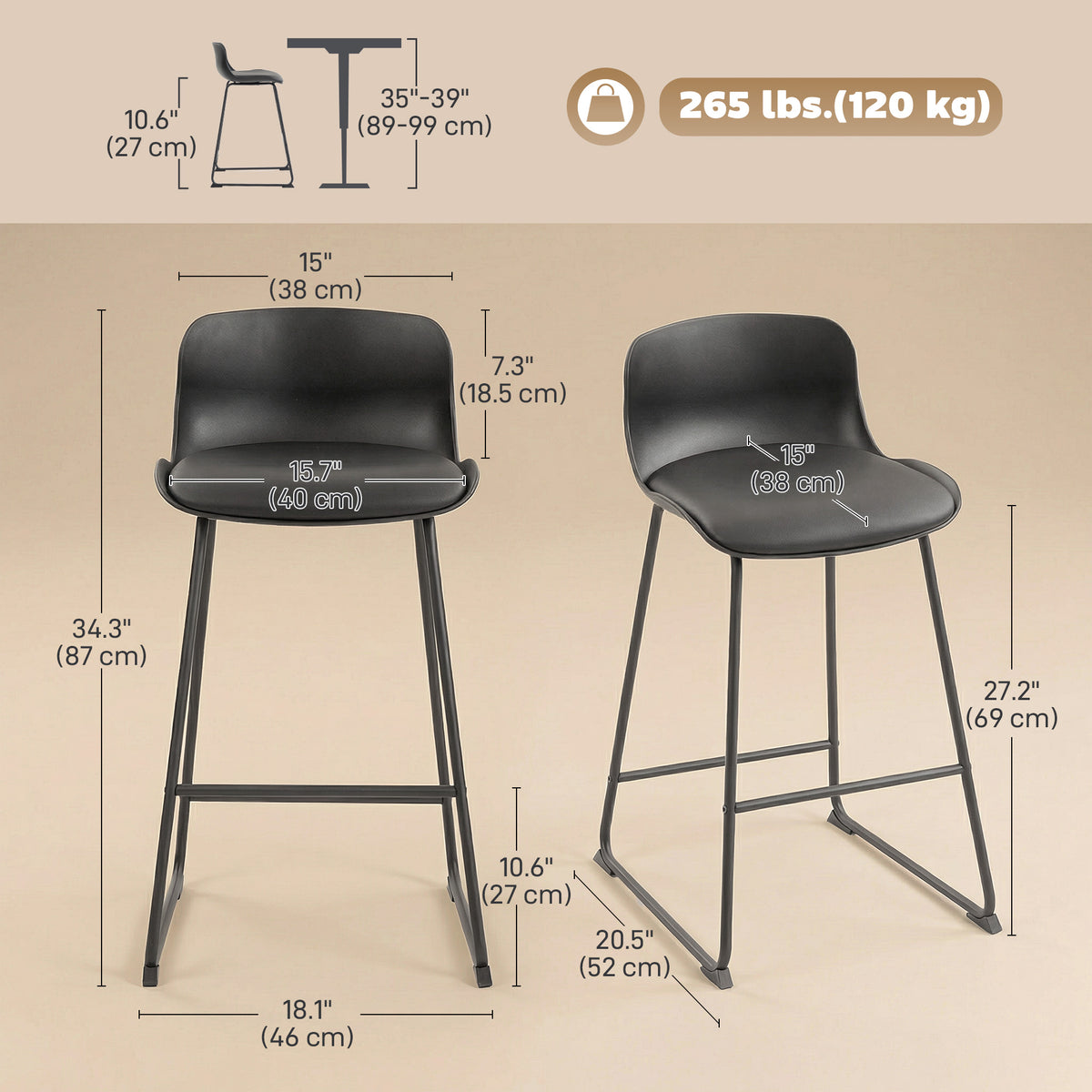 PU Leather Counter Height Kitchen Bar Stools, Set of 2