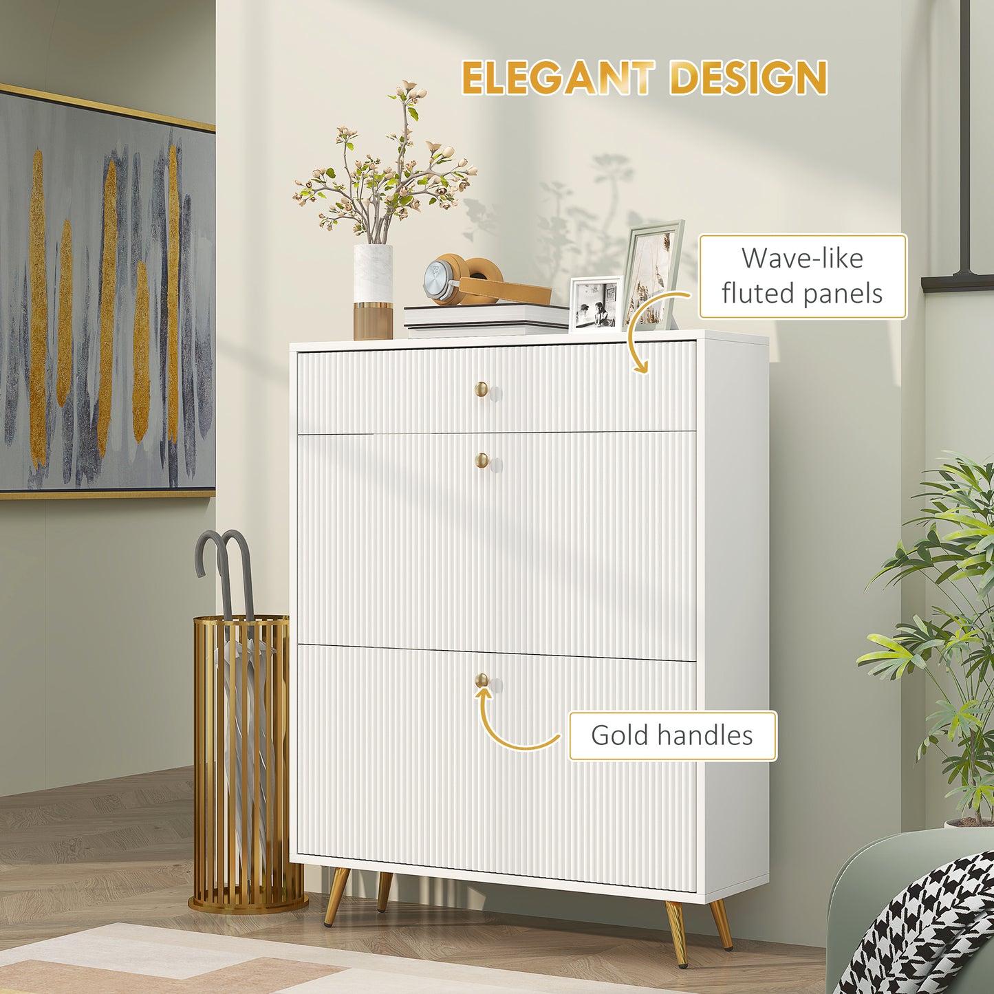Narrow Shoe Storage Cabinet with Wave-like Panels and Adjustable Shelves for 12 Pairs of Shoes, White