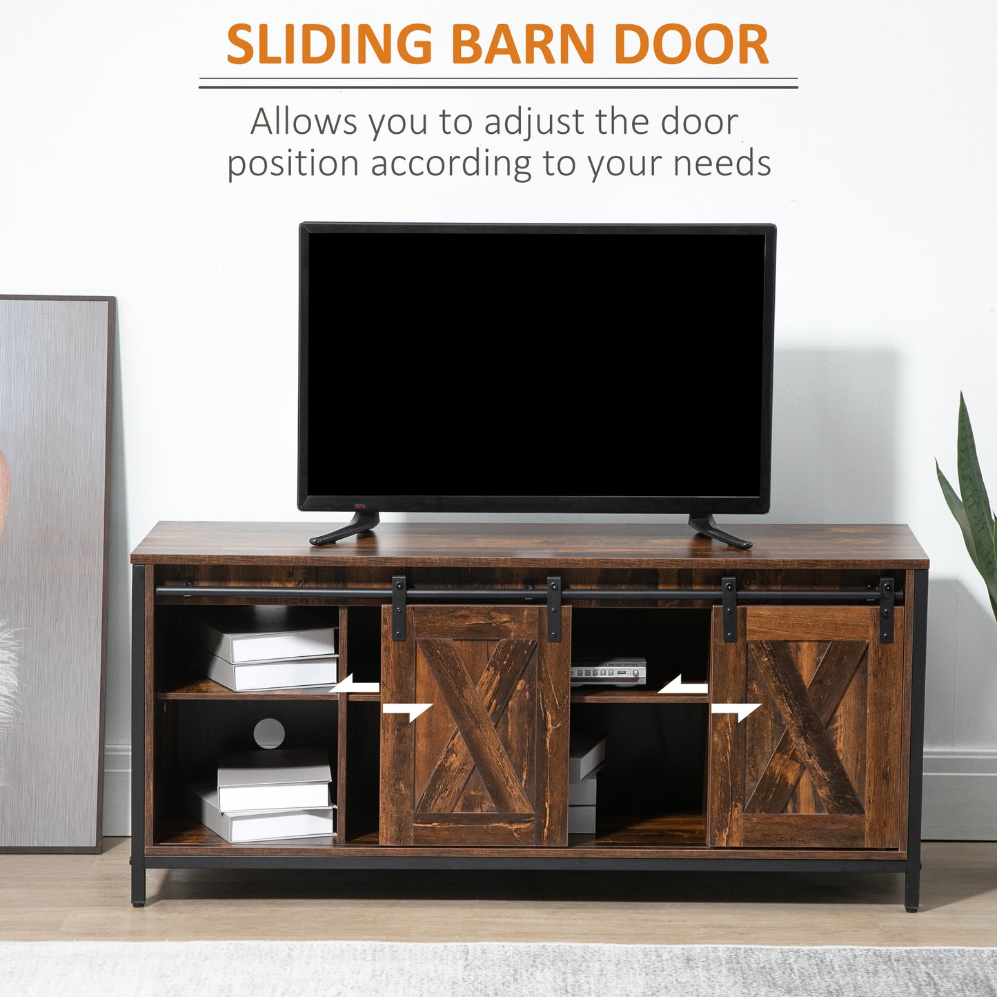HOMCOM Industrial TV Stand for 60-inch TVs, Sliding Barn Doors & Storage, Brown