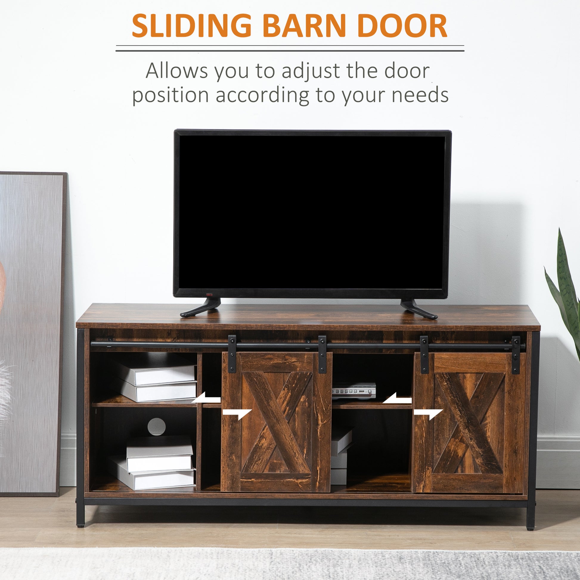 HOMCOM Industrial TV Stand for 60-inch TVs, Sliding Barn Doors & Storage, Brown
