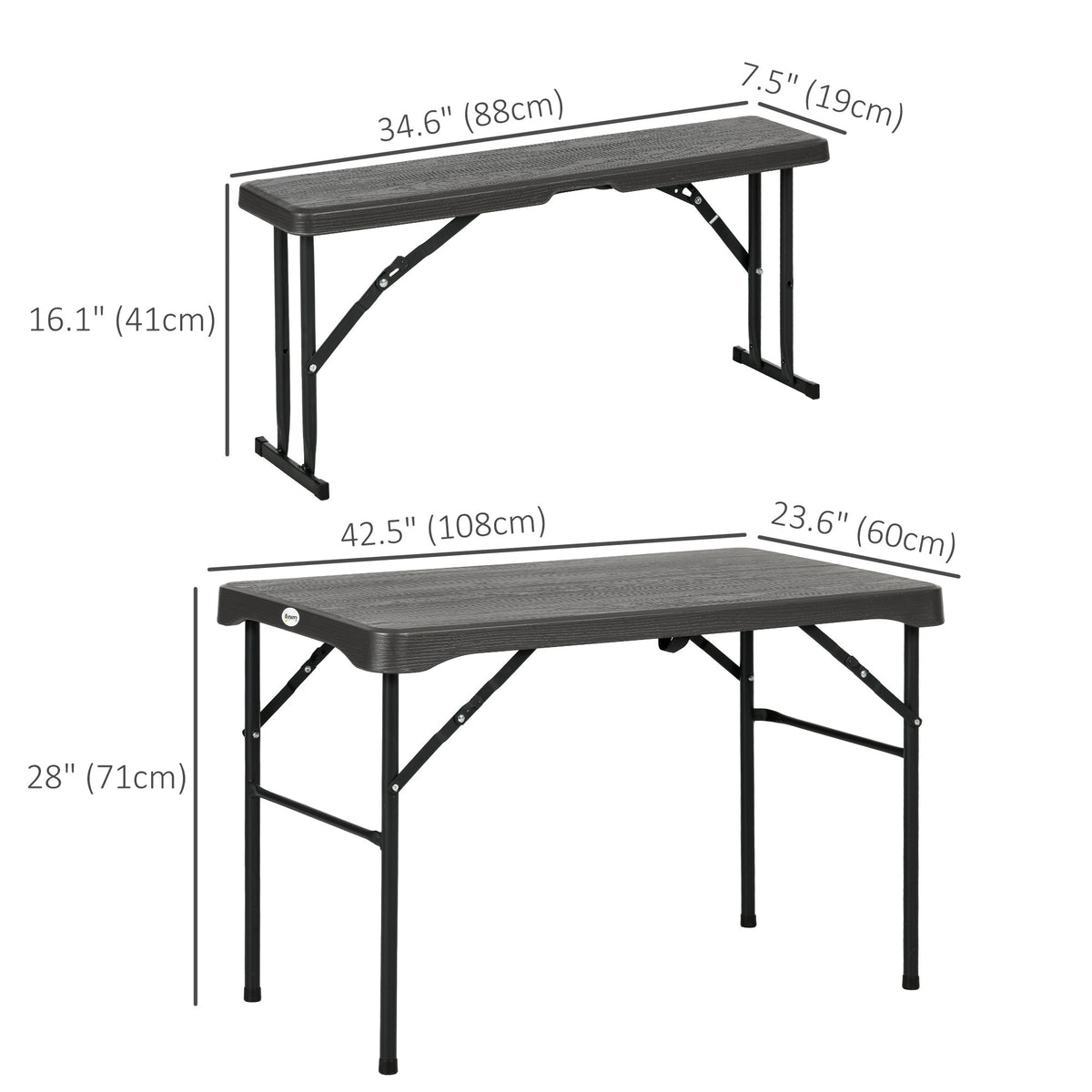 Folding Picnic Table with 2 Benches, 3-Piece Portable Outdoor Picnic Table Bench Set for 4, Patio Dining Table Set with Plastic Top, Steel Frame for Garden