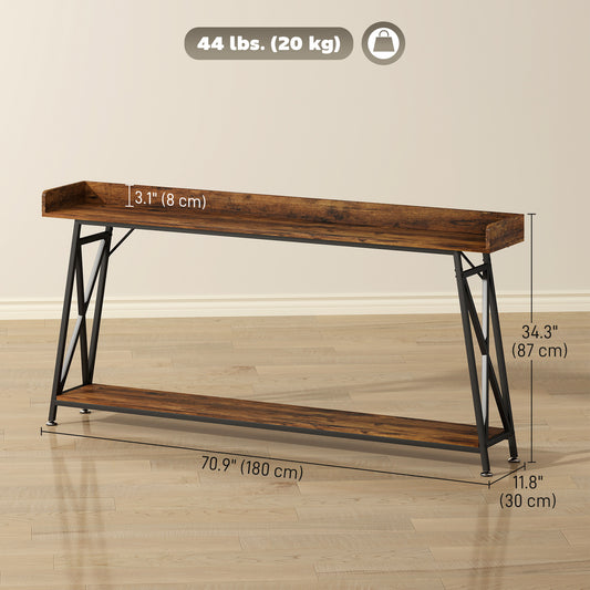 71" Extra Long Industrial Console Table with Shelf & Guardrails