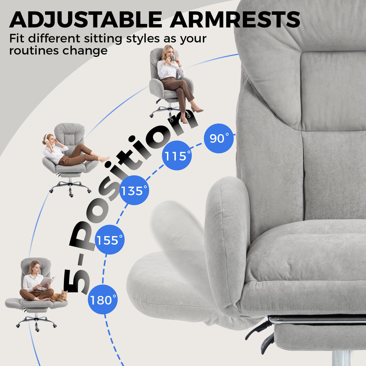 Cross Legged Office Chair with Footrest, 90°-180° Flip Armrests, Task Desk Chair, Light Grey