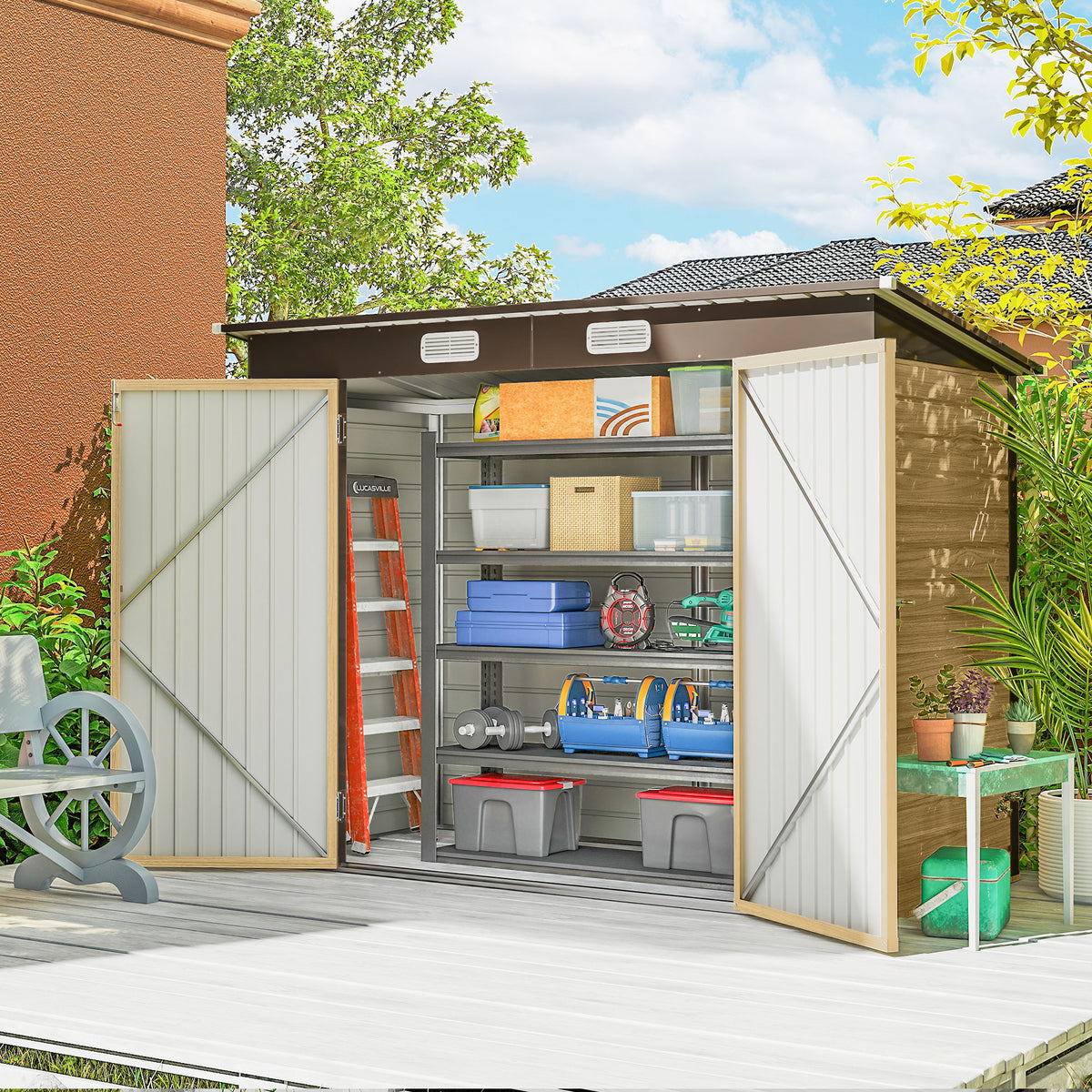 8 x 4FT Galvanized Garden Storage Shed, Metal Outdoor Shed with Double Doors and 2 Vents – Oak