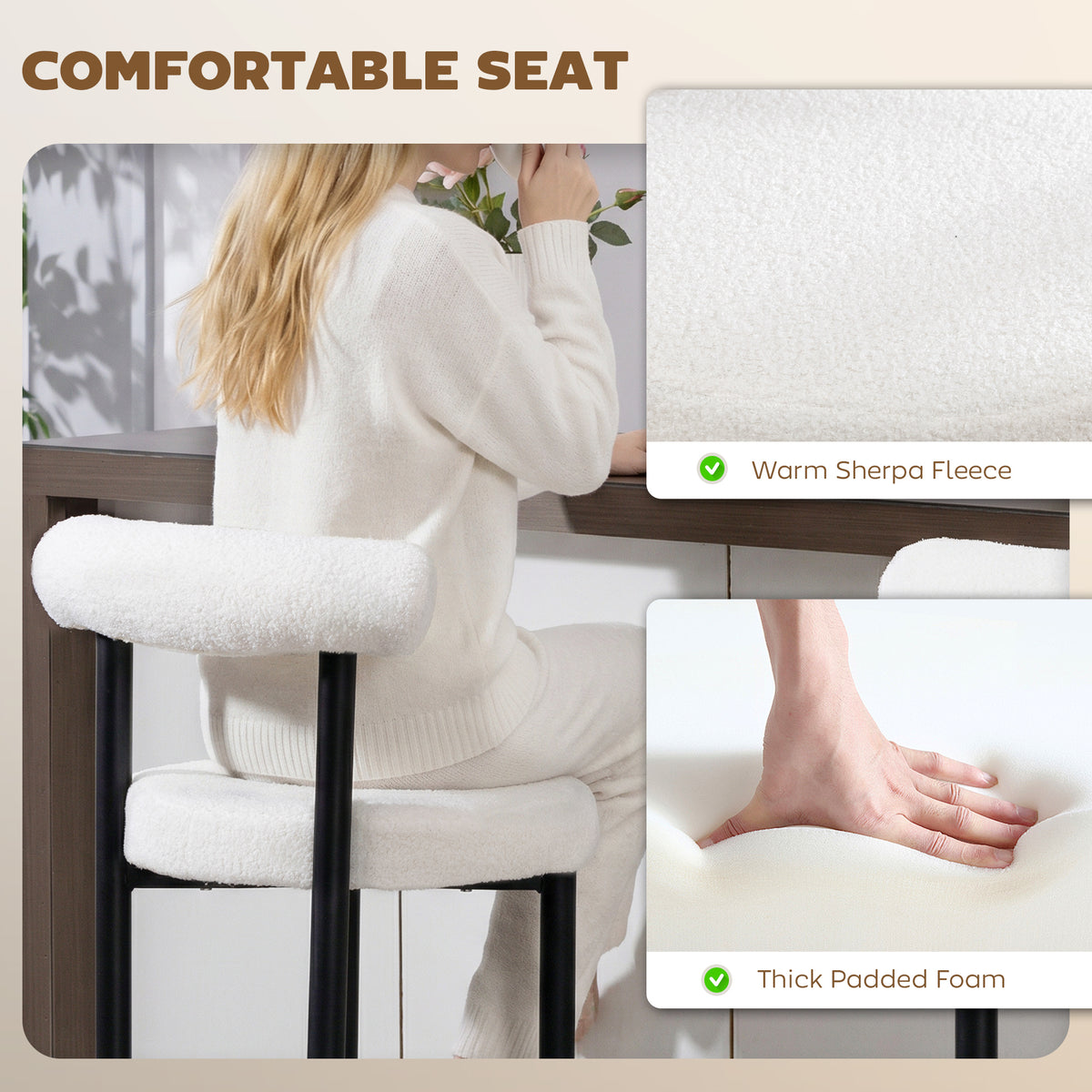 Sherpa Bar Height Stools with Backrest and Footrest, Set of 2, Cream White