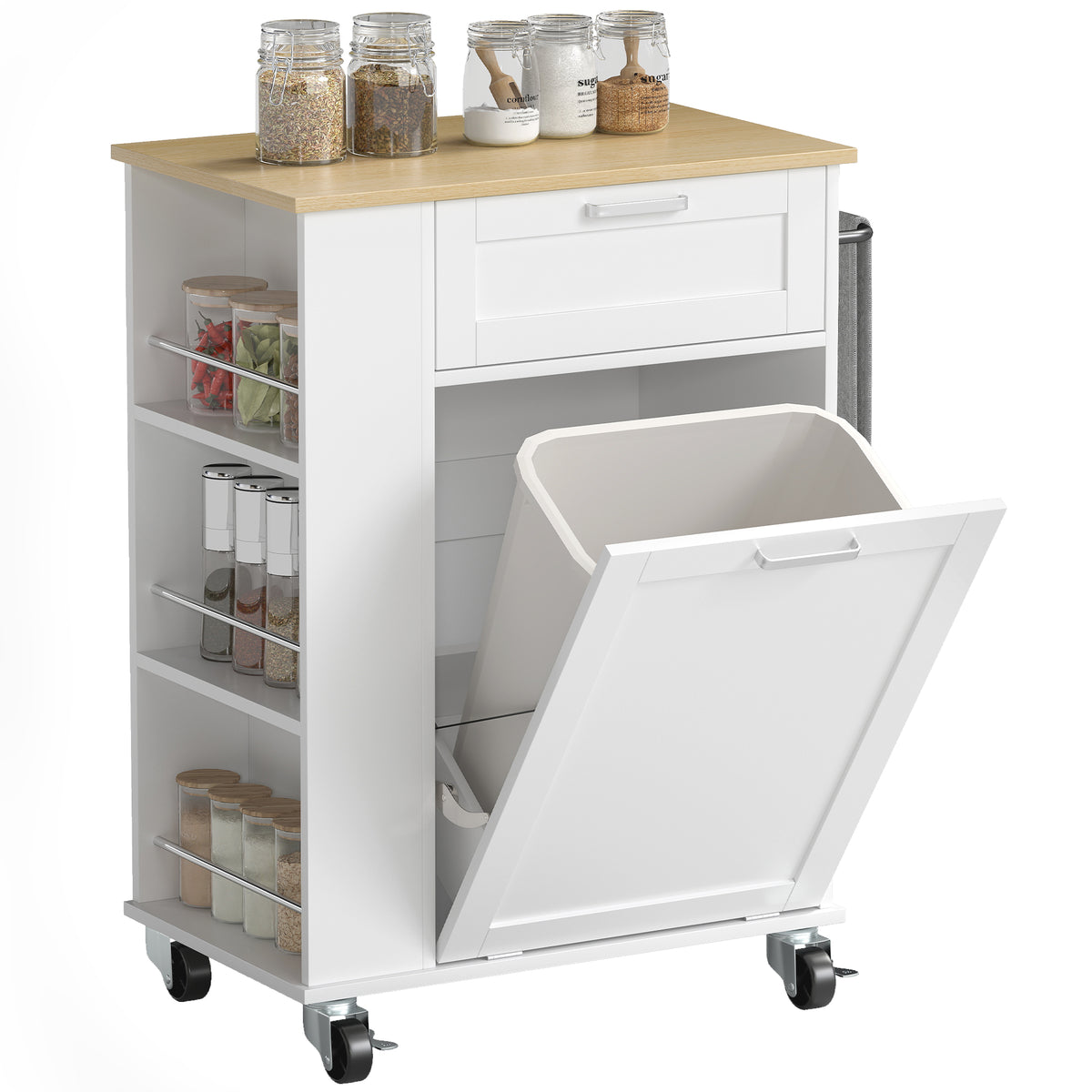 Rolling Kitchen Island with Trash Can Storage – 28"W x 35"H