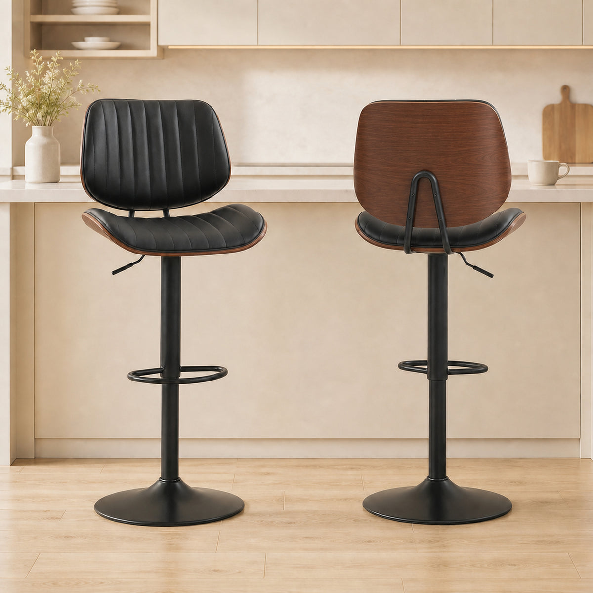 Bentwood-Back PU Leather Swivel Bar Stools, Adjustable, Set of 2, Black