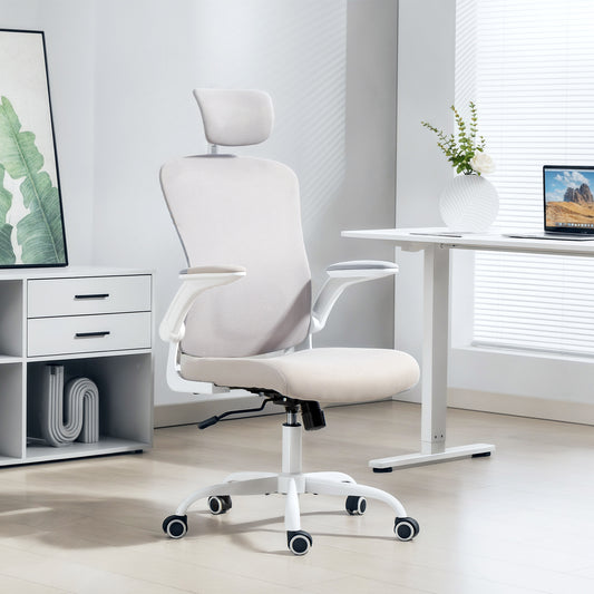HOMCOM Ergonomic Mesh Office Chair, Adjustable Headrest, Lumbar, Flip-Up Arms
