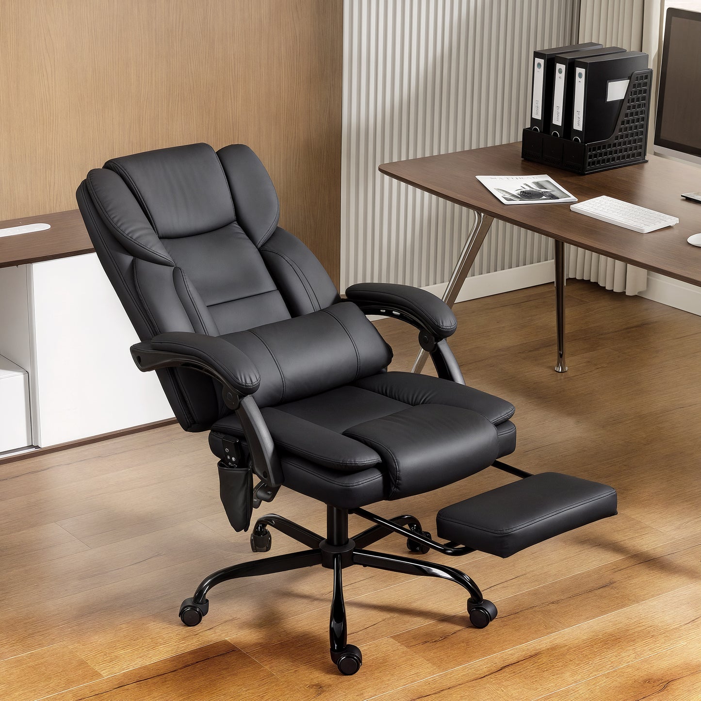 HOMCOM Ergonomic Massage Office Chair with Reclining Footrest, Lumbar Support, Black
