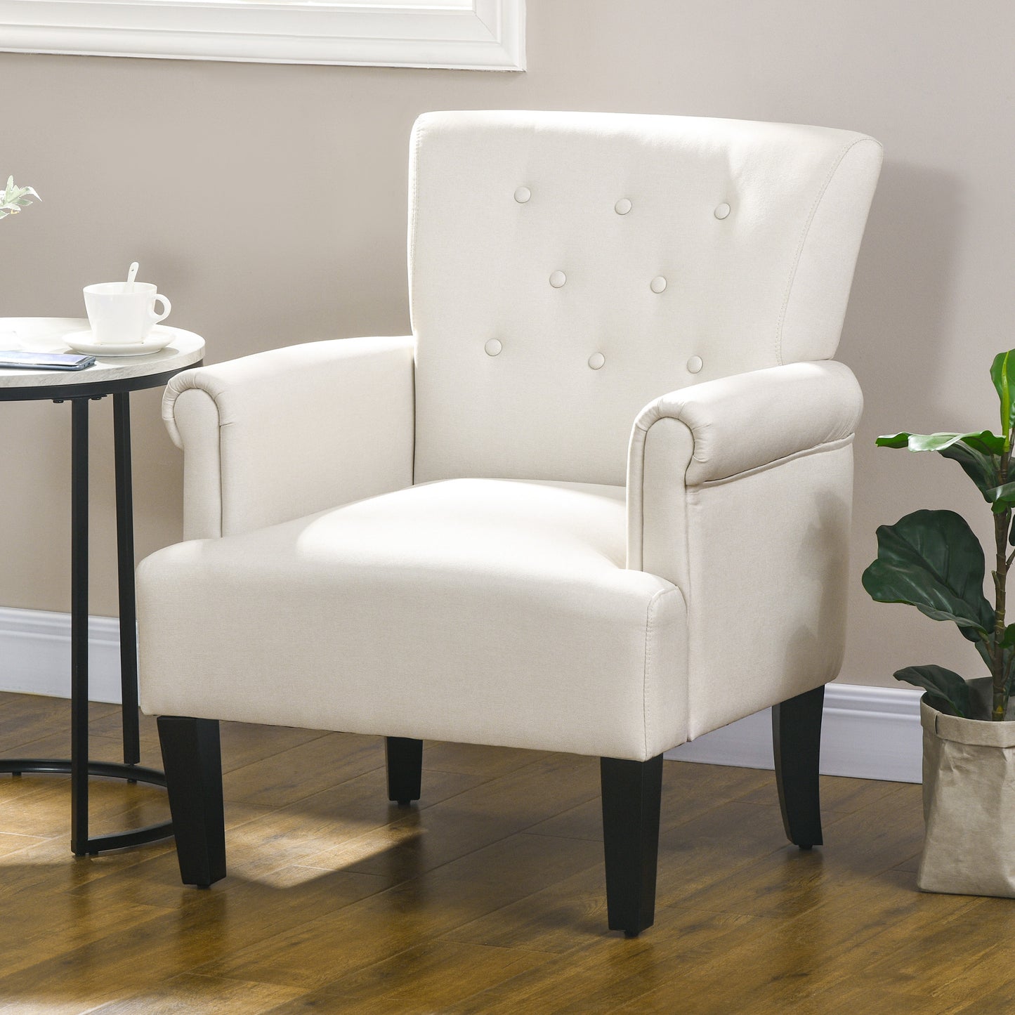 HOMCOM Elegant Cream Fabric Accent Armchair with Rolled Arms Wood Legs