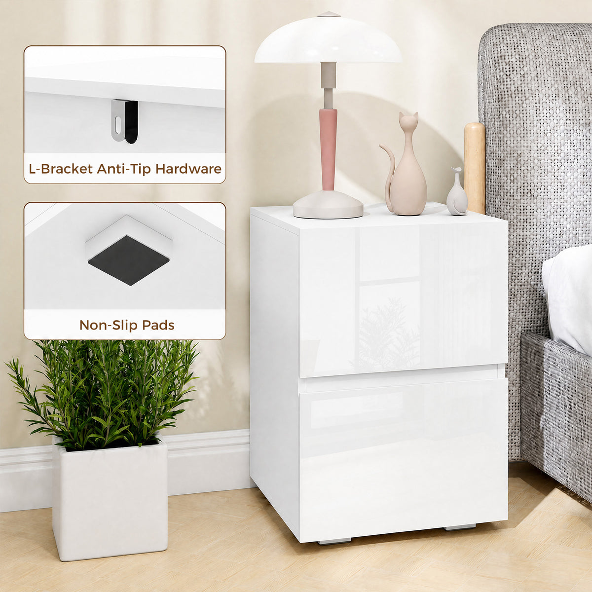 High Gloss 2-Drawer Nightstands, Set of 2 – 16"W x 23"H