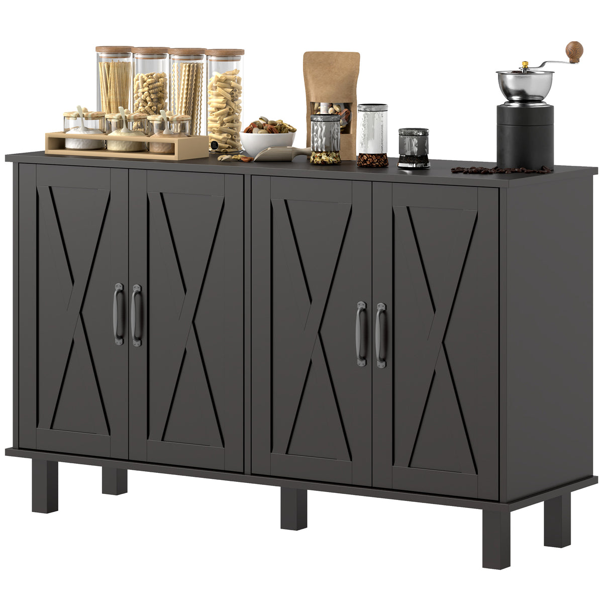 Kitchen Sideboard Cabinet with 4 Barn Doors and 2 Adjustable Shelves – 47"W x 30"H