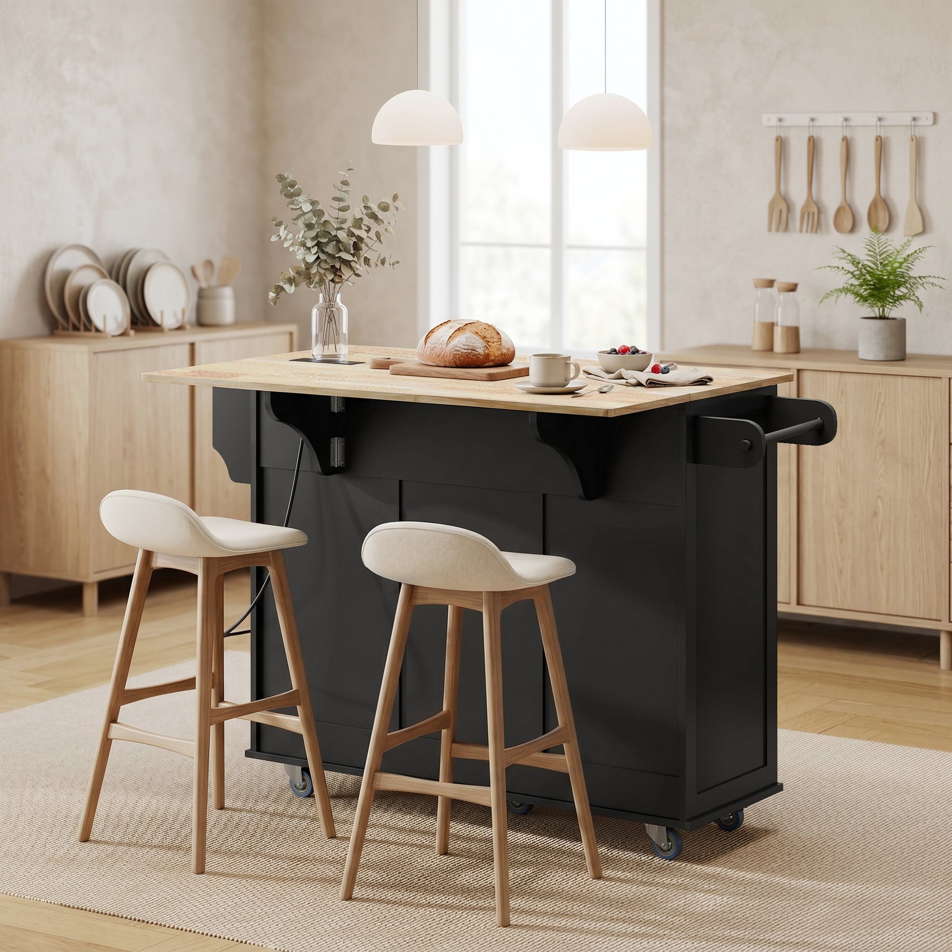 HOMCOM Kitchen Island with Drop Leaf, Charging Station, Black