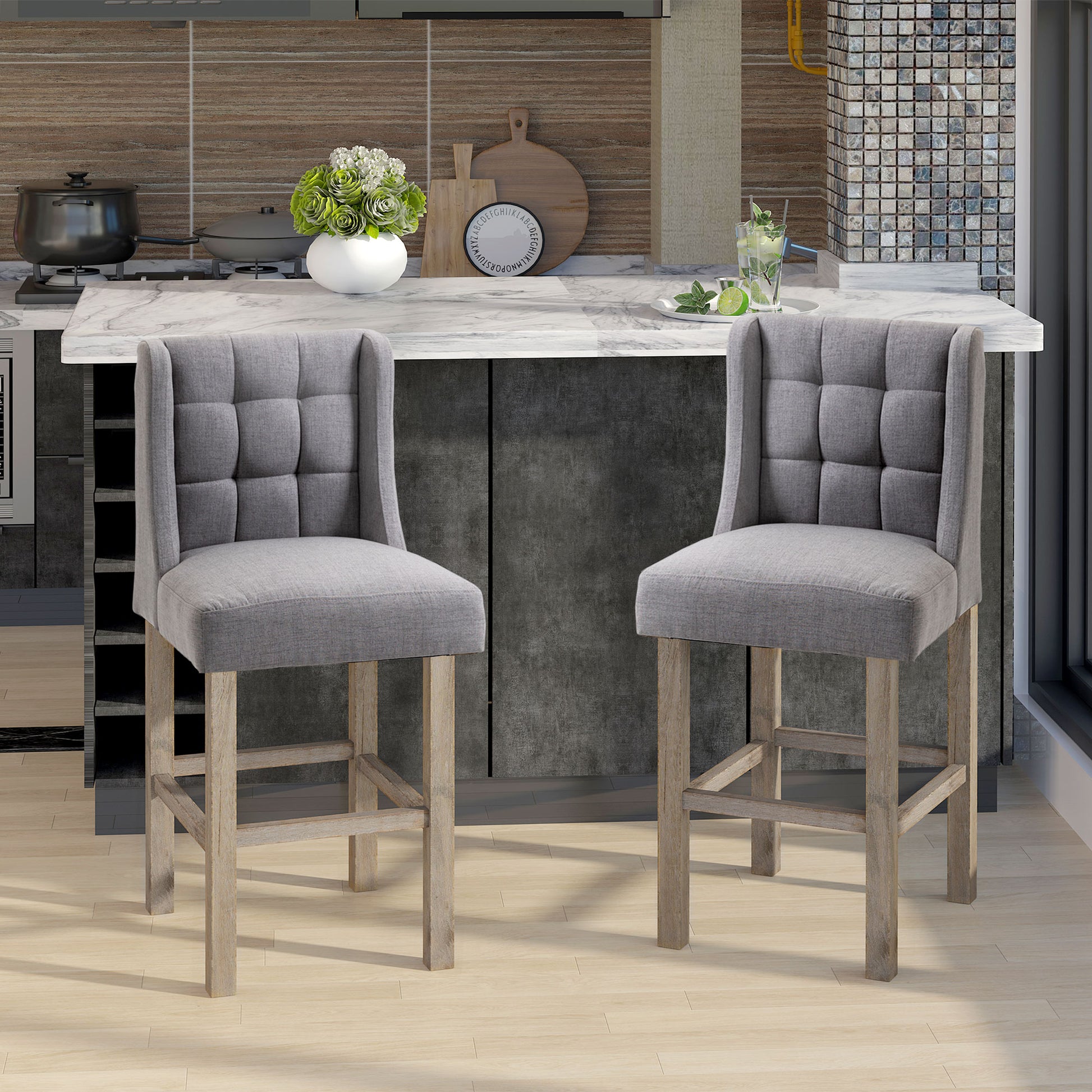 HOMCOM Modern Tufted Counter Stools Set of 2, Grey Upholstered