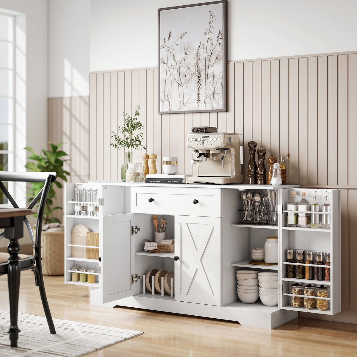 Farmhouse Sideboard with Barn Doors and Door Shelves – 54"W x 33"H