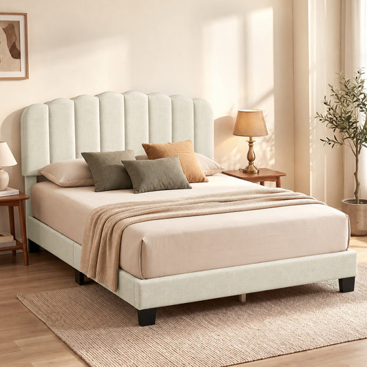 Scalloped Channel-Tufted Linen Bed with Adjustable Headboard
