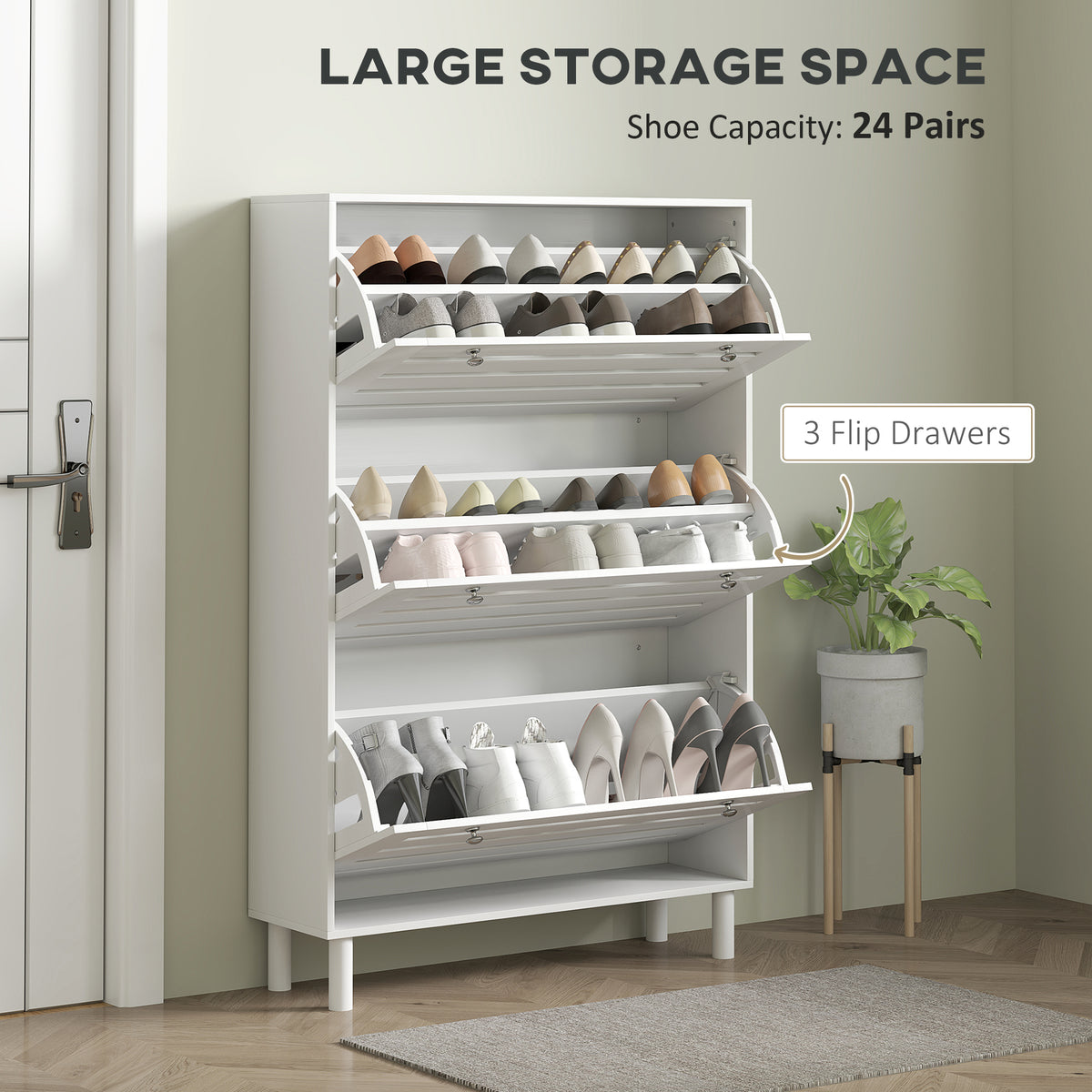 Narrow Shoe Cabinet with 3 Flip Drawers – 31"W x 48"H