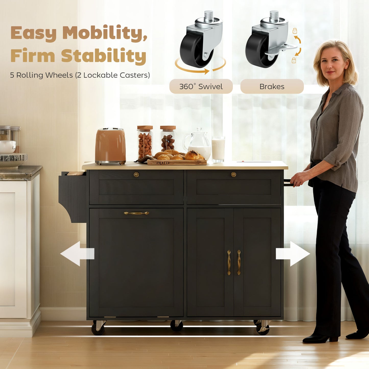 HOMCOM Kitchen Island Cart Charging Station Drop Leaf Black