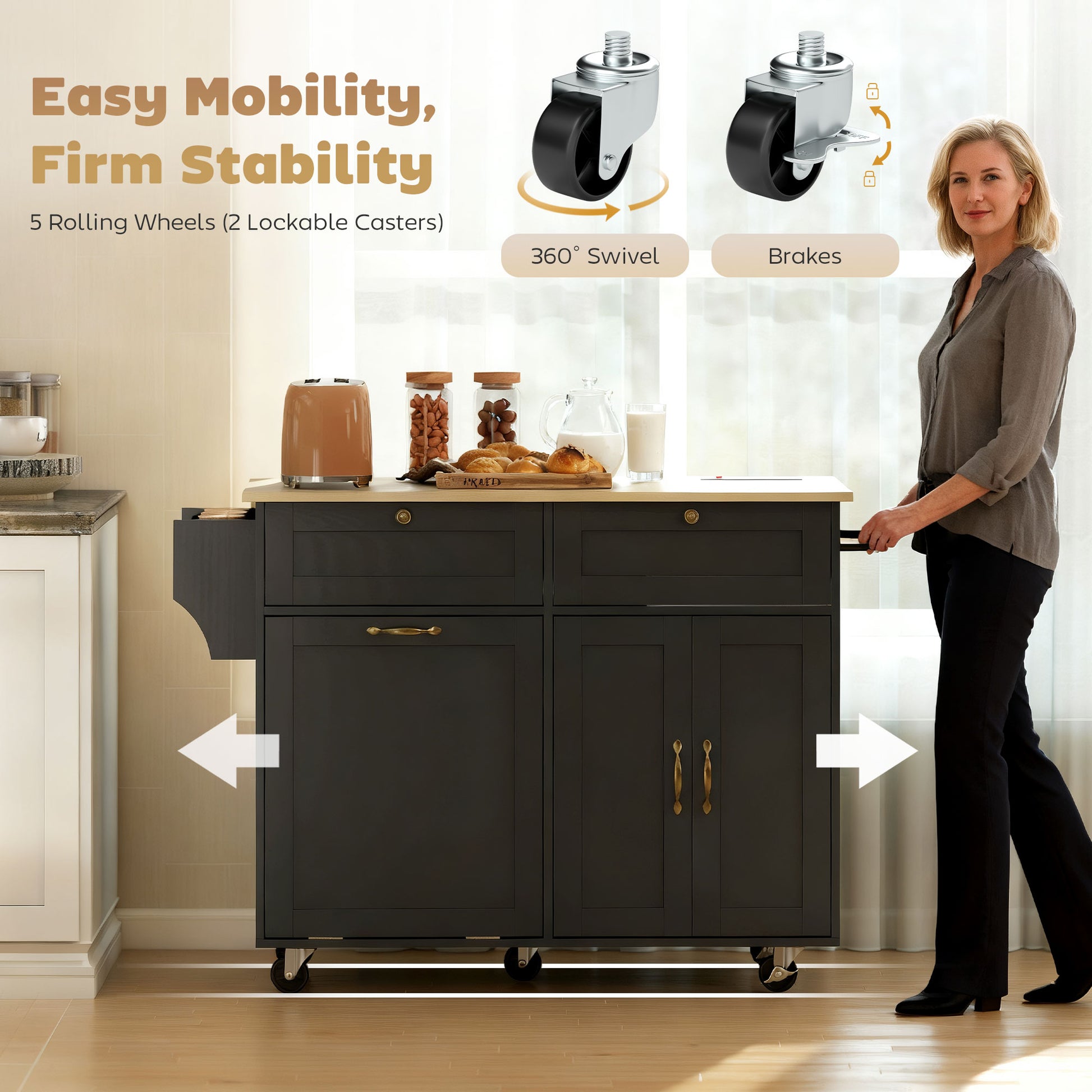 HOMCOM Kitchen Island Cart Charging Station Drop Leaf Black