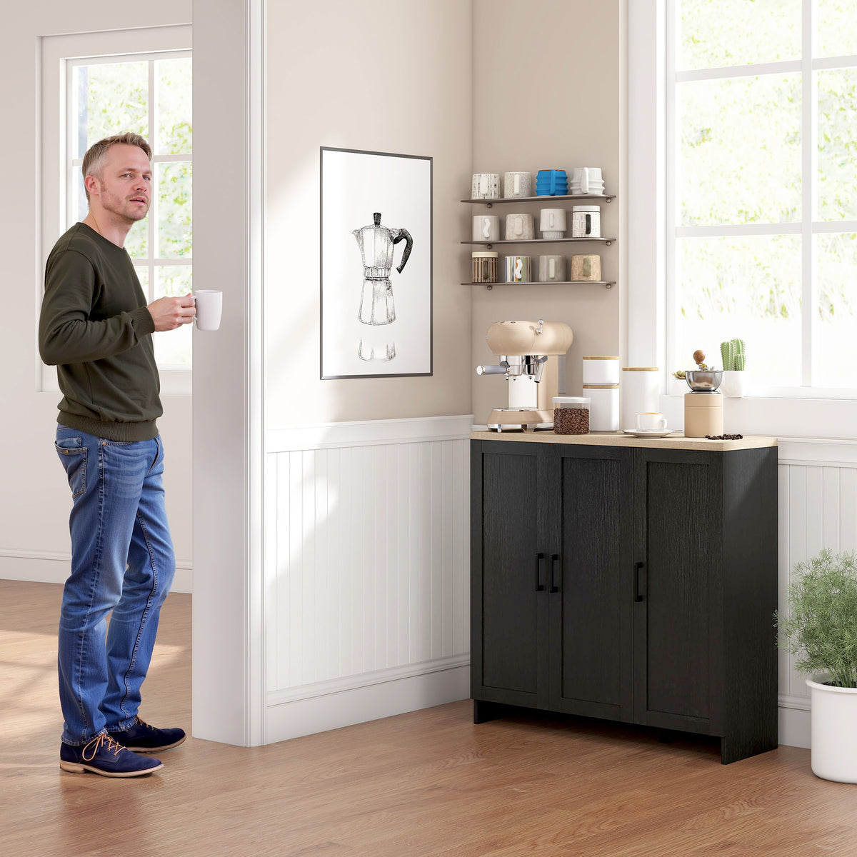 Modern Kitchen Storage Cabinet with 3 Doors Adjustable Shelves – 35"W x 35"H