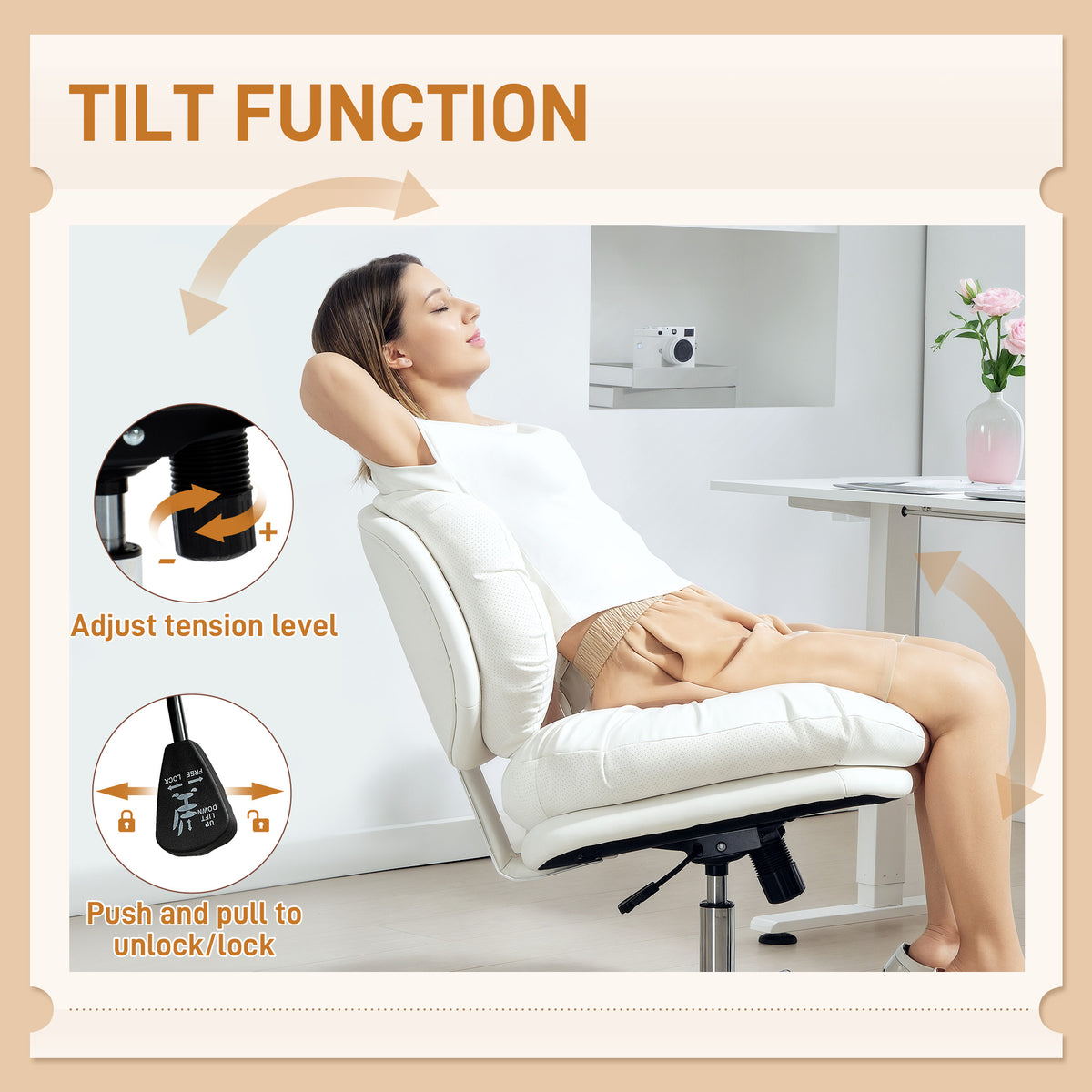 Criss Cross Chair, Armless Wide Office Chair with Leathaire Upholstery, Tilting, White