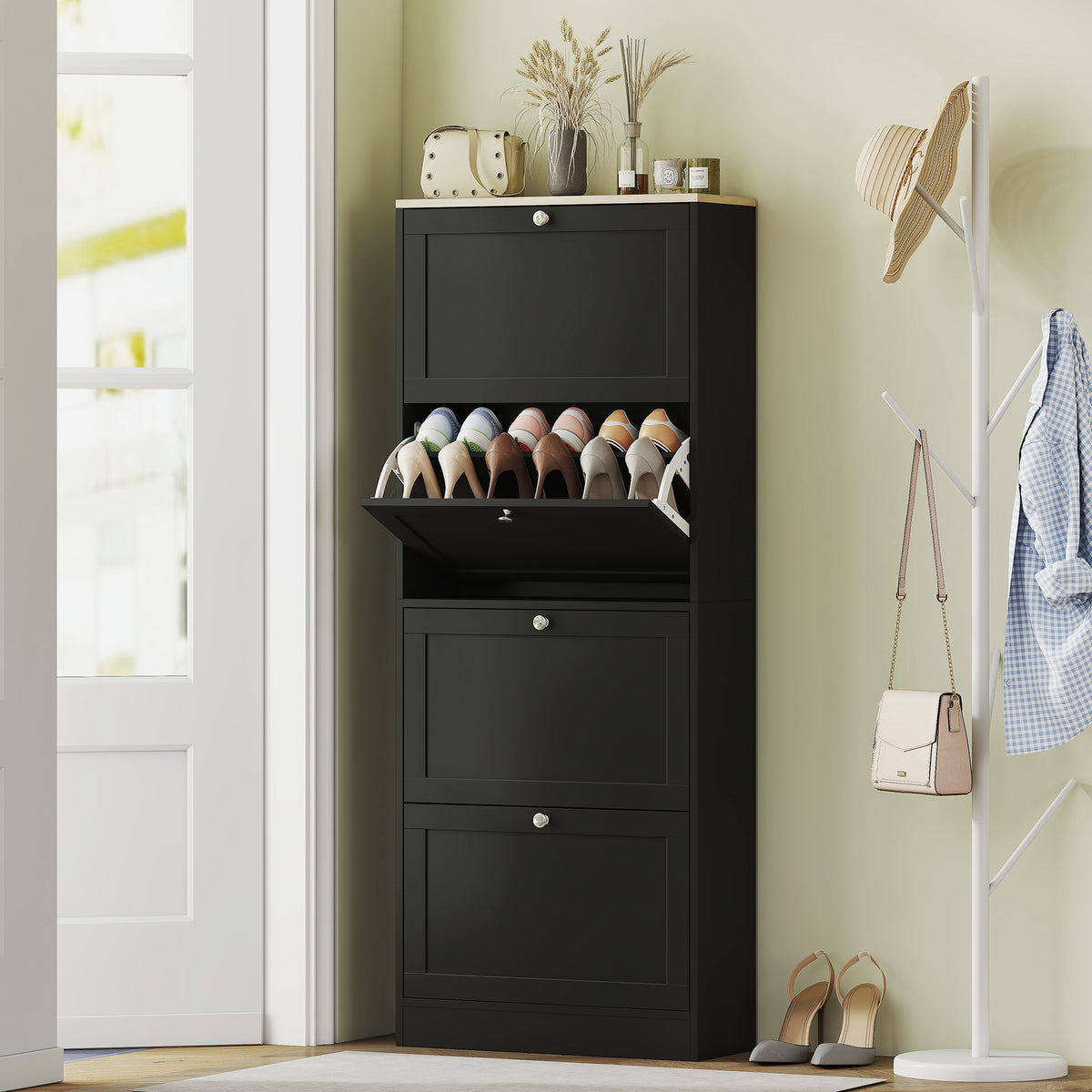Modern Shoe Storage Cabinet with 4 Flip Drawers – 24"W x 60"H