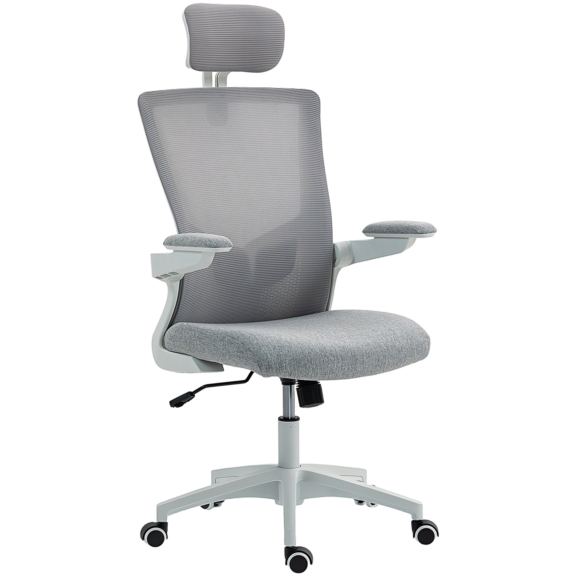 HOMCOM Ergonomic Grey Mesh Office Chair, Adjustable Lumbar, Headrest, Flip-Up Armrests
