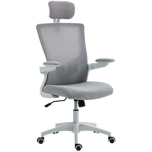 HOMCOM Ergonomic Grey Mesh Office Chair, Adjustable Lumbar, Headrest, Flip-Up Armrests