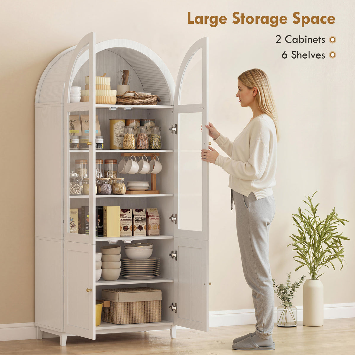 Farmhouse Kitchen Storage Cabinet with Acrylic Glass Doors – 31"W x 71"H
