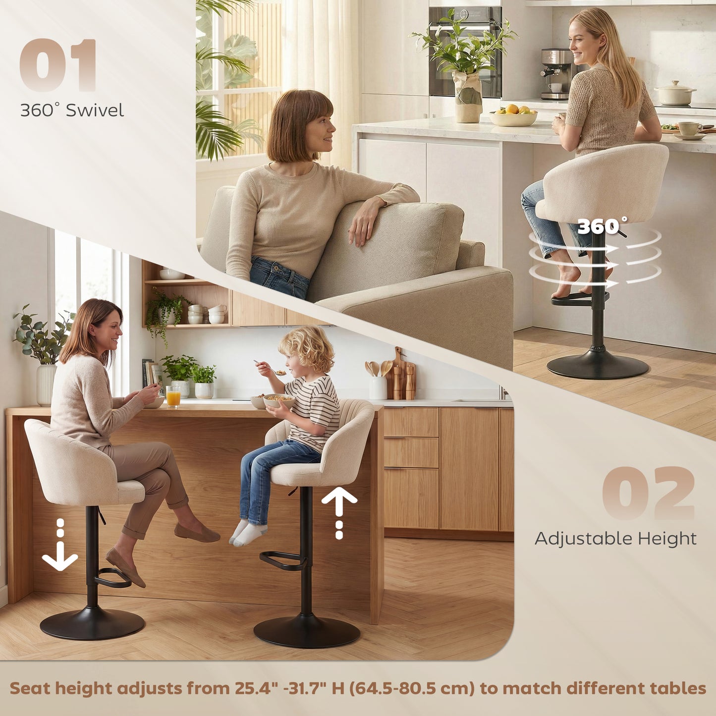 HOMCOM Swivel Adjustable HeightBar Stools Set of 2 Beige