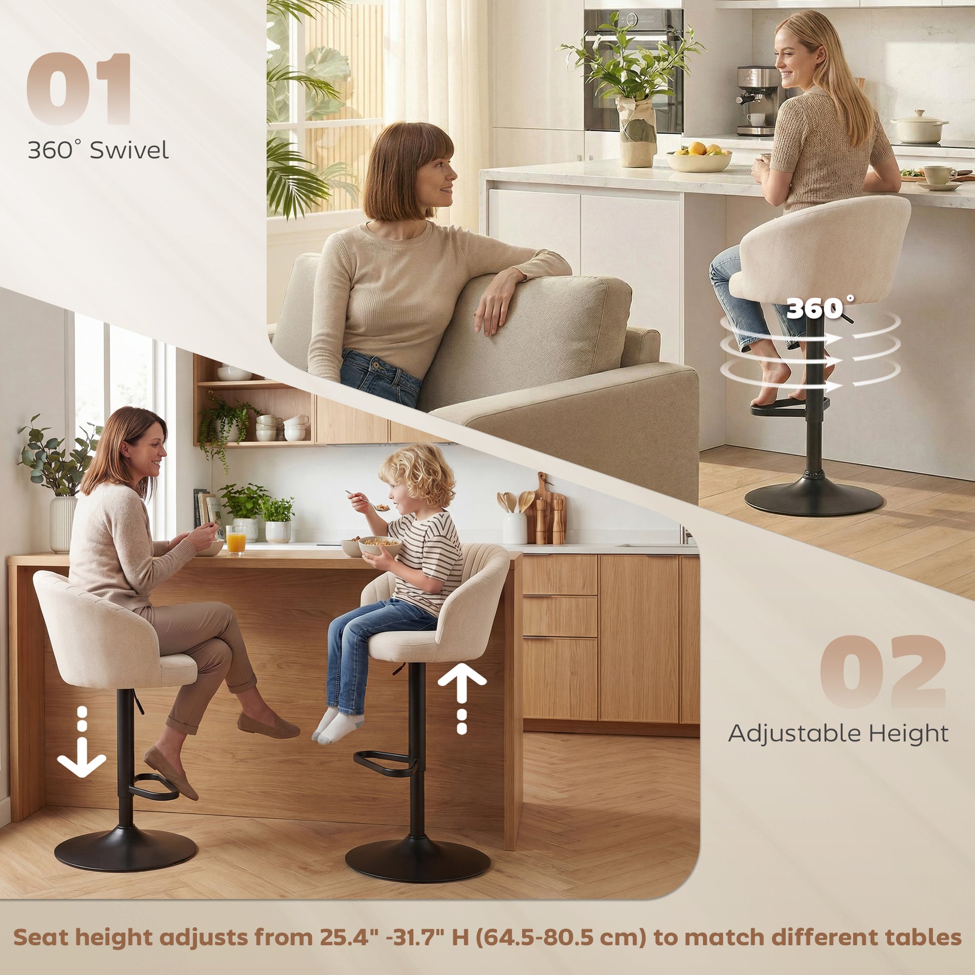 HOMCOM Swivel Adjustable HeightBar Stools Set of 2 Beige