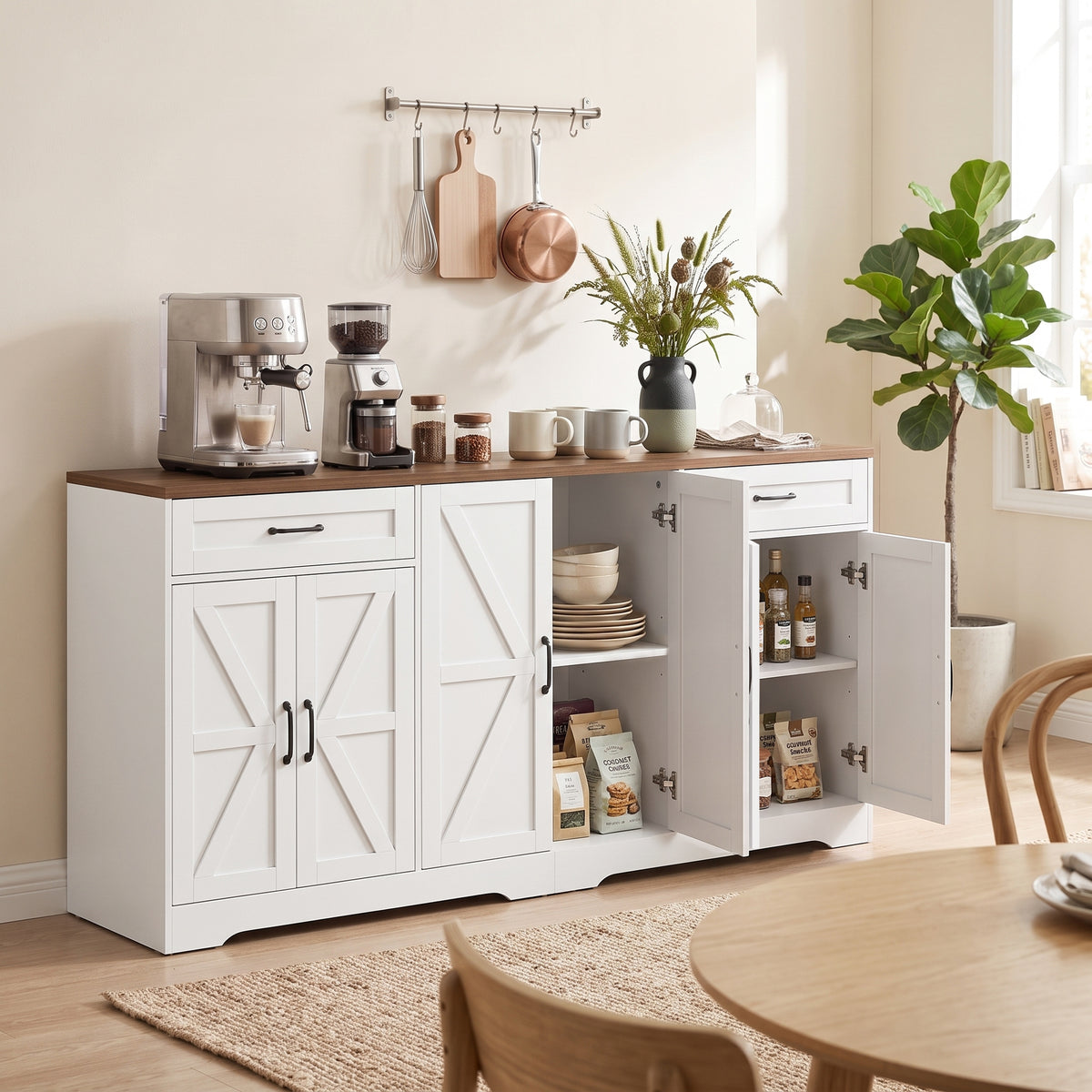 Farmhouse Coffee Bar Cabinet with 2 Drawers and 6 Barn Doors – 71"W x 34"H