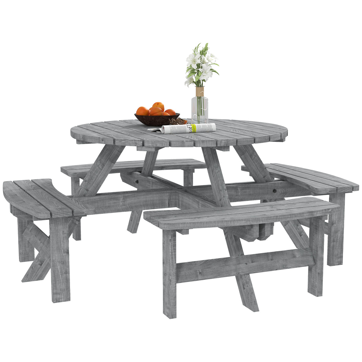 8 Seater Round Wooden Pub Bench & Picnic Table, Patio Dining Set for Outdoor Patio (Umbrella Not Included) – Grey